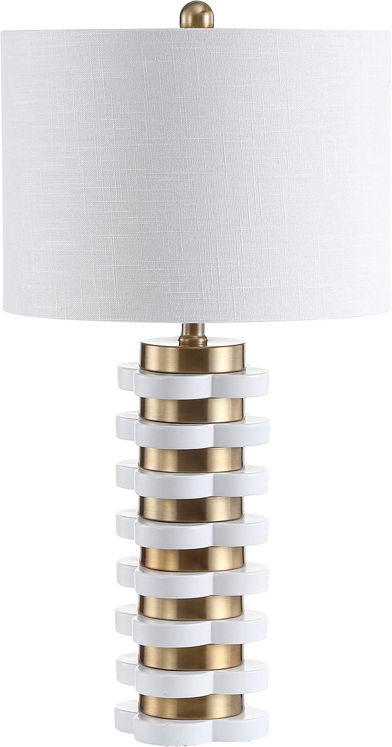 image:imageJONATHAN Y 265 Brass Gold Quatrefoil Striped Resin LED Table Lamp Contemporary Glam Bedside Lamp for Living Room Bedroom White Linen Drum Shade LED Bulb Included JYL1010A