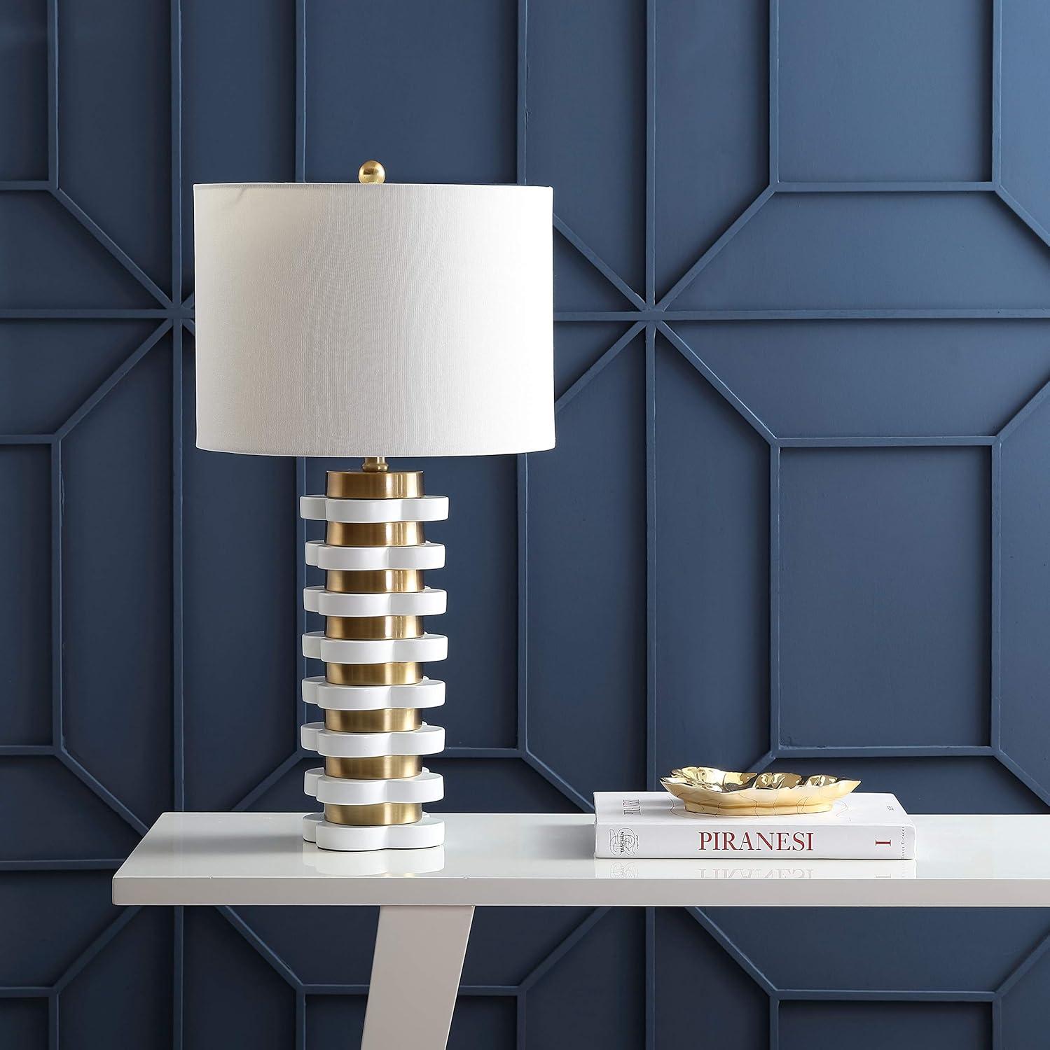 image:imageJONATHAN Y 265 Brass Gold Quatrefoil Striped Resin LED Table Lamp Contemporary Glam Bedside Lamp for Living Room Bedroom White Linen Drum Shade LED Bulb Included JYL1010A