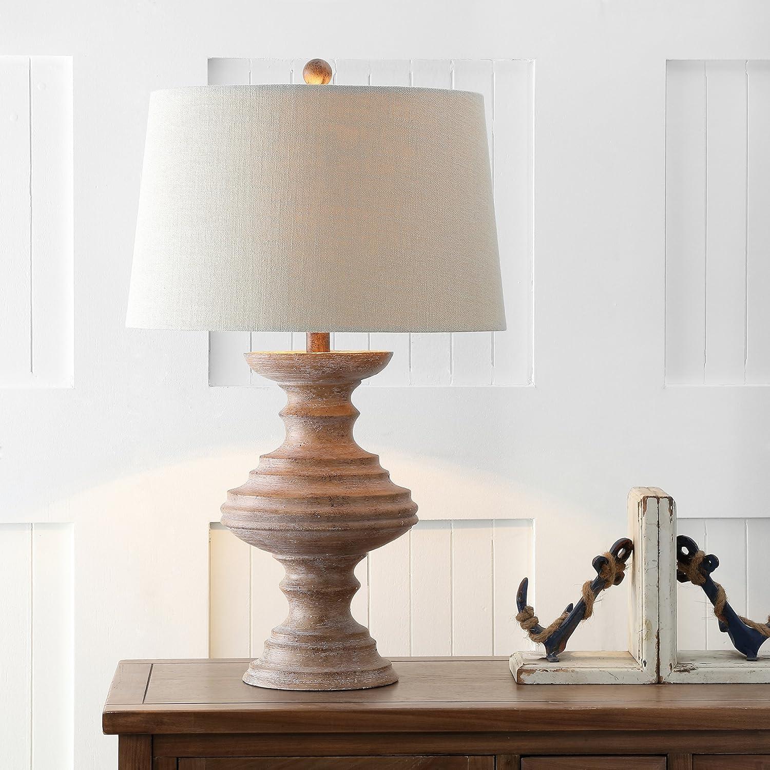 image:imageJONATHAN Y 265 Brown Faux Bois Resin Table Lamp Traditional Wood Turned Design for Living Room Bedroom Light Taupe Linen Shade LED Bulb Included UL Listed JYL1001A