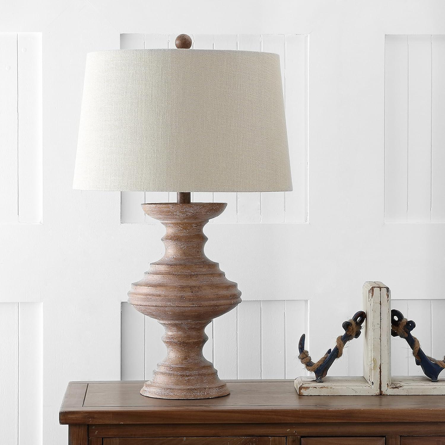 image:imageJONATHAN Y 265 Brown Faux Bois Resin Table Lamp Traditional Wood Turned Design for Living Room Bedroom Light Taupe Linen Shade LED Bulb Included UL Listed JYL1001A