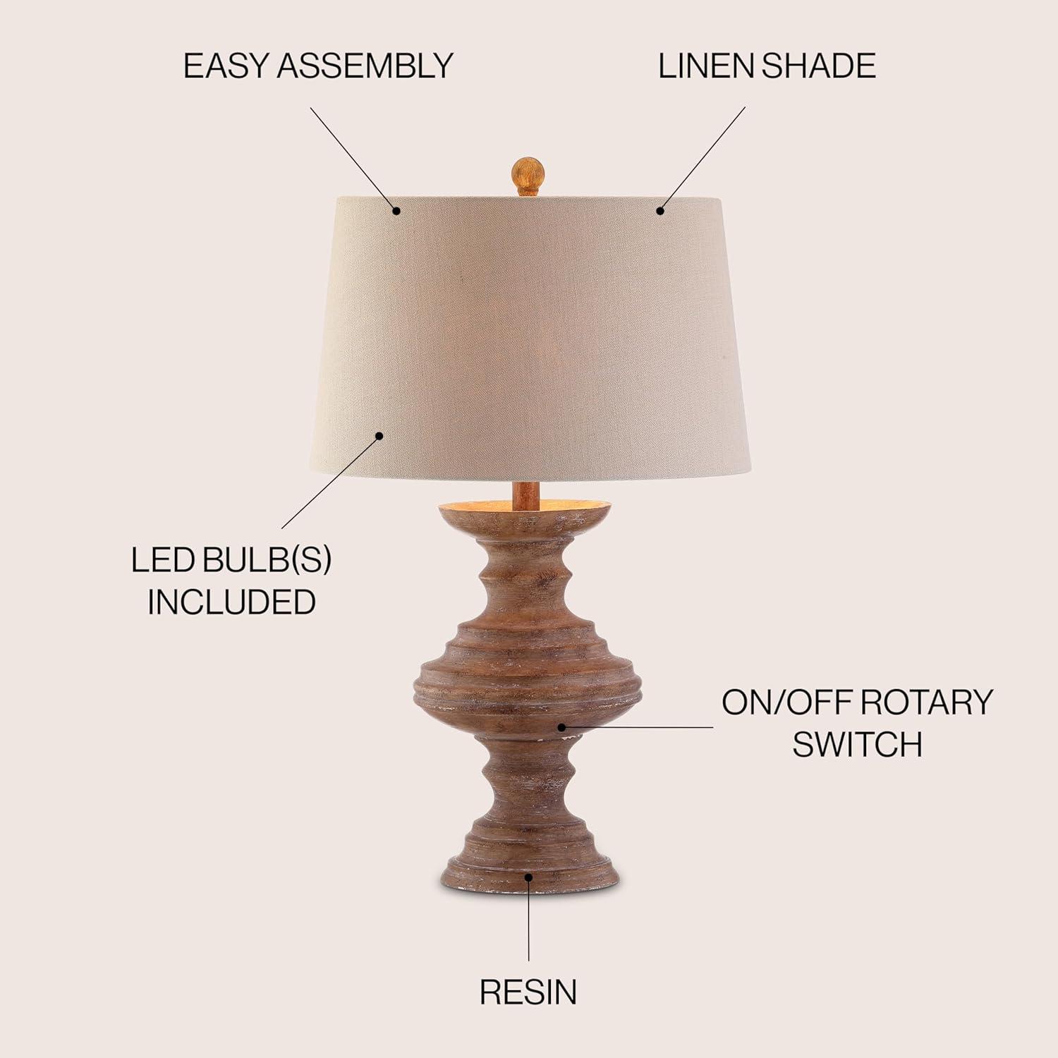 image:imageJONATHAN Y 265 Brown Faux Bois Resin Table Lamp Traditional Wood Turned Design for Living Room Bedroom Light Taupe Linen Shade LED Bulb Included UL Listed JYL1001A