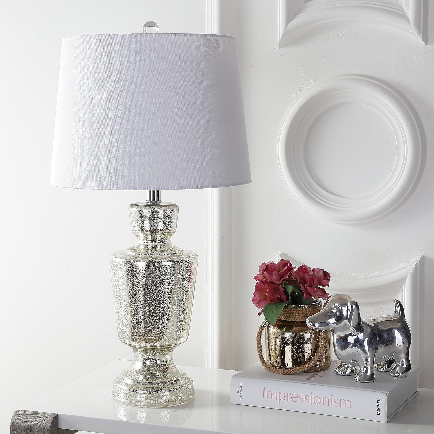 image:imageJONATHAN Y 265 Mercury Silver Glass Table Lamp for Living Room Bedroom Traditional Urn Bedside Lamp with White Linen Empire Shade UL Listed LED Bulb Included JYL2002A