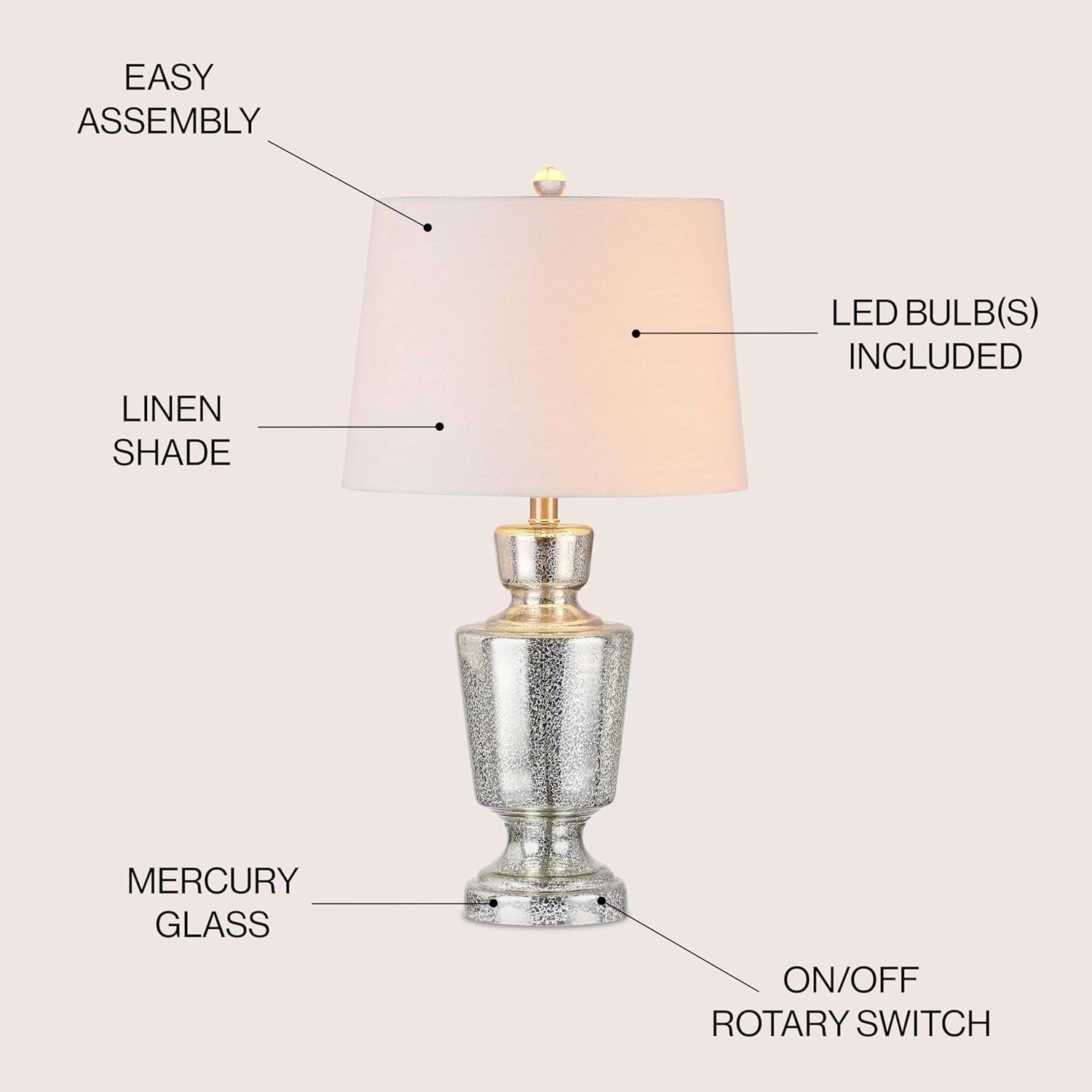 image:imageJONATHAN Y 265 Mercury Silver Glass Table Lamp for Living Room Bedroom Traditional Urn Bedside Lamp with White Linen Empire Shade UL Listed LED Bulb Included JYL2002A