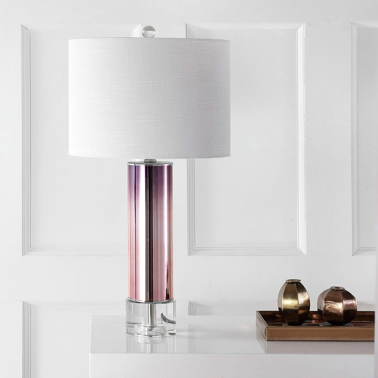 image:imageJONATHAN Y 27 Blue Glass Crystal Table Lamp for Bedroom Living Room Nightstand Modern Ombre Bedside Lamp White Linen Drum Shade LED Bulb Included JYL1069APink