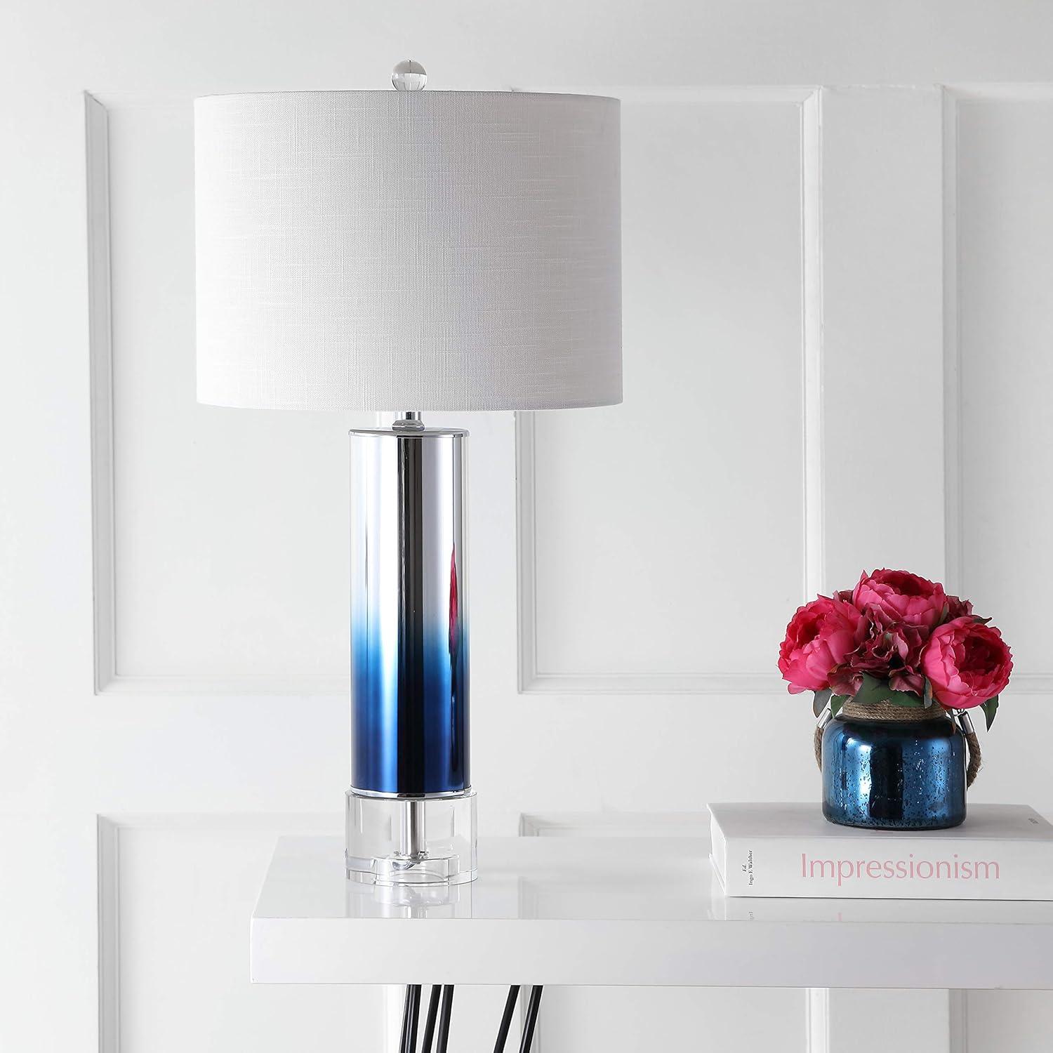image:imageJONATHAN Y 27 Blue Glass Crystal Table Lamp for Bedroom Living Room Nightstand Modern Ombre Bedside Lamp White Linen Drum Shade LED Bulb Included JYL1069ABlue