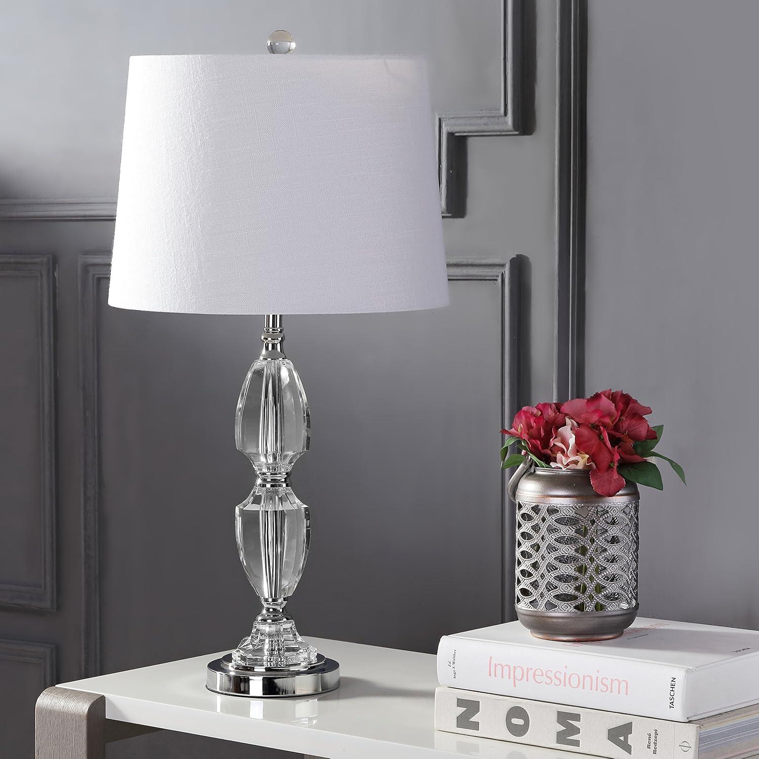 image:imageJONATHAN Y 27 Clear Crystal LED Table Lamp Traditional French Country Chrome Nightstand Lamp with White Linen Drum Shade for Living Room LED Bulb Included JYL2039A