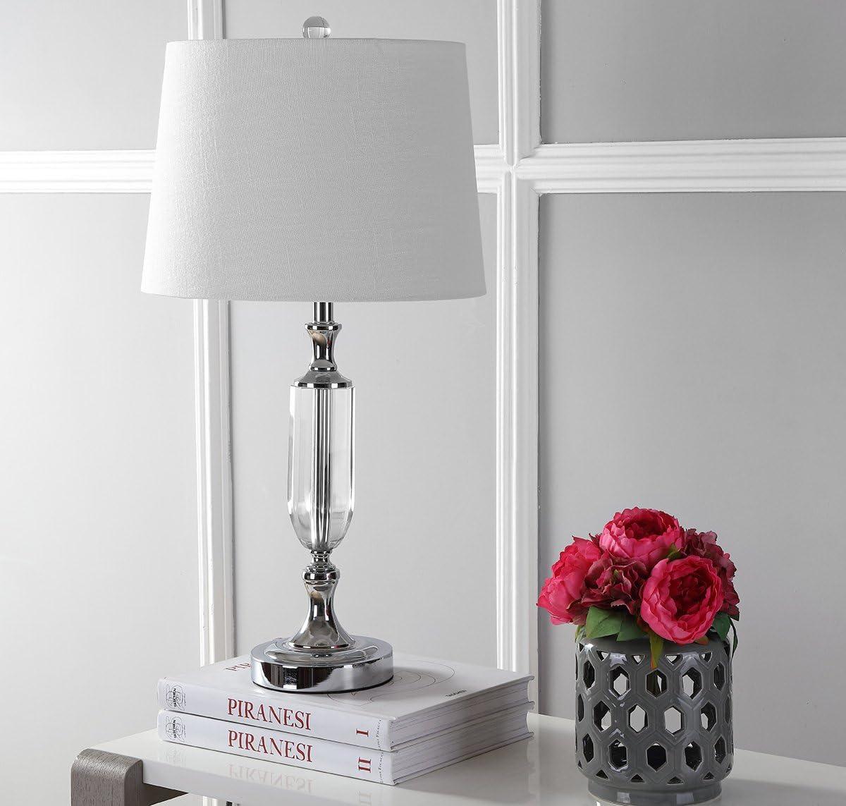 image:imageJONATHAN Y 27 Clear Fluted Crystal LED Table Lamp Glam Traditional Chrome Bedside Lamp for Living Room Bedroom White Linen Empire Shade LED Bulb Included JYL2046A