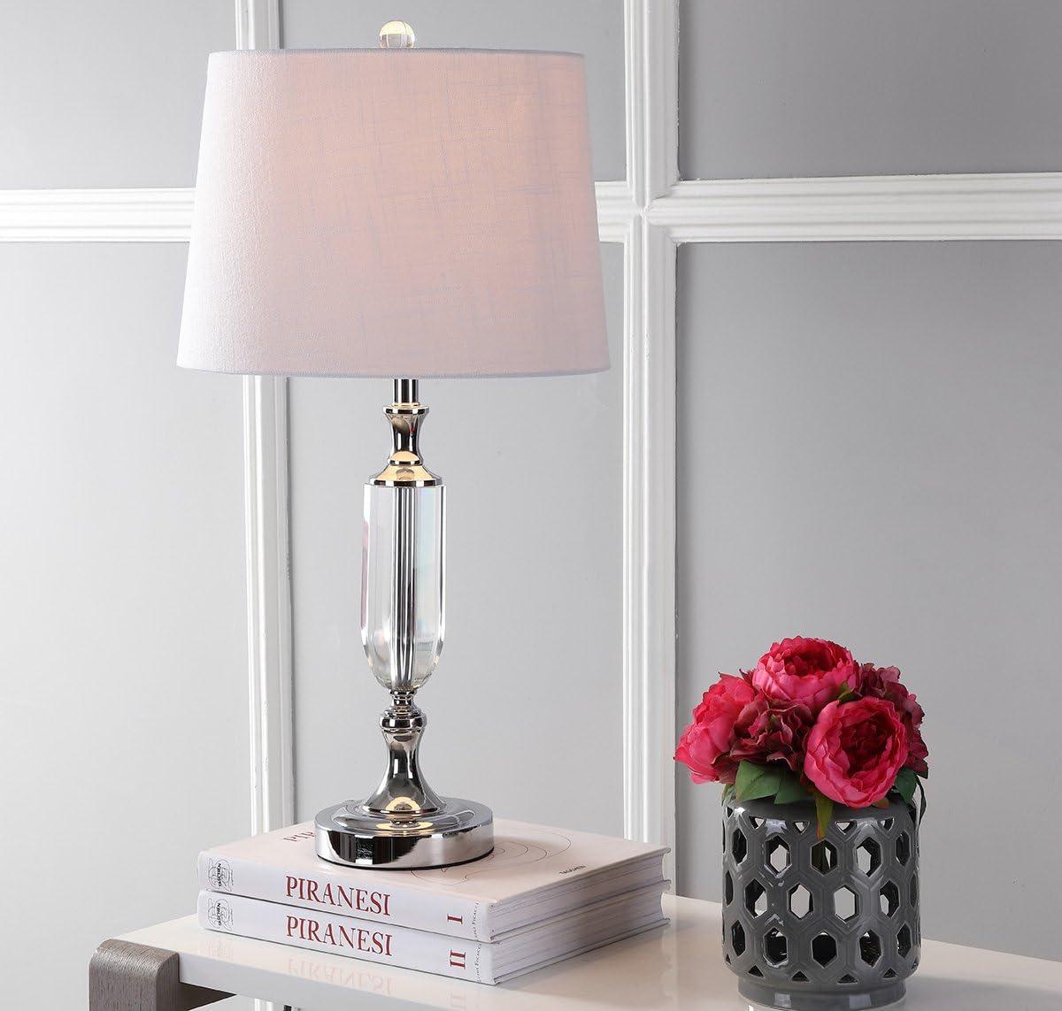 image:imageJONATHAN Y 27 Clear Fluted Crystal LED Table Lamp Glam Traditional Chrome Bedside Lamp for Living Room Bedroom White Linen Empire Shade LED Bulb Included JYL2046A