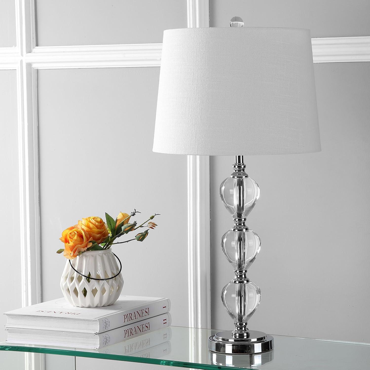 image:imageJONATHAN Y 27 ClearChrome Traditional Crystal LED Table Lamp Elegant Column Bedside Lamp for Living Room Bedroom White Linen Shade UL Listed LED Bulb Included JYL2042A