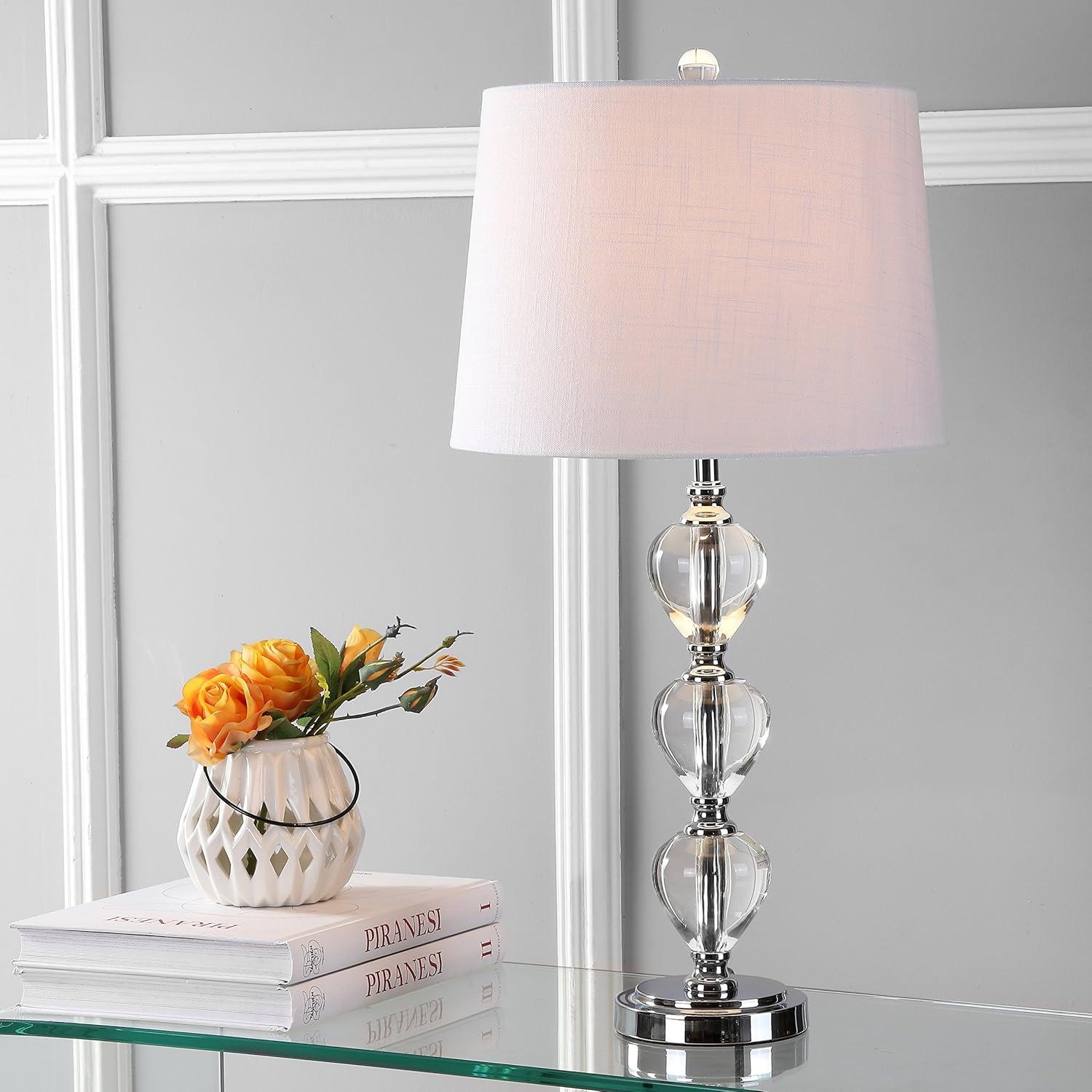image:imageJONATHAN Y 27 ClearChrome Traditional Crystal LED Table Lamp Elegant Column Bedside Lamp for Living Room Bedroom White Linen Shade UL Listed LED Bulb Included JYL2042A
