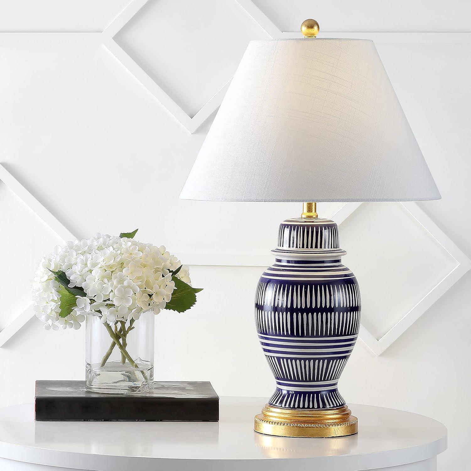 image:imageJONATHAN Y 27 NavyWhite Ceramic Modern Coastal Table Lamp Traditional Ginger Jar Design with Gold Leaf Accents and White Linen Empire Shade LED Bulb Included JYL6611A