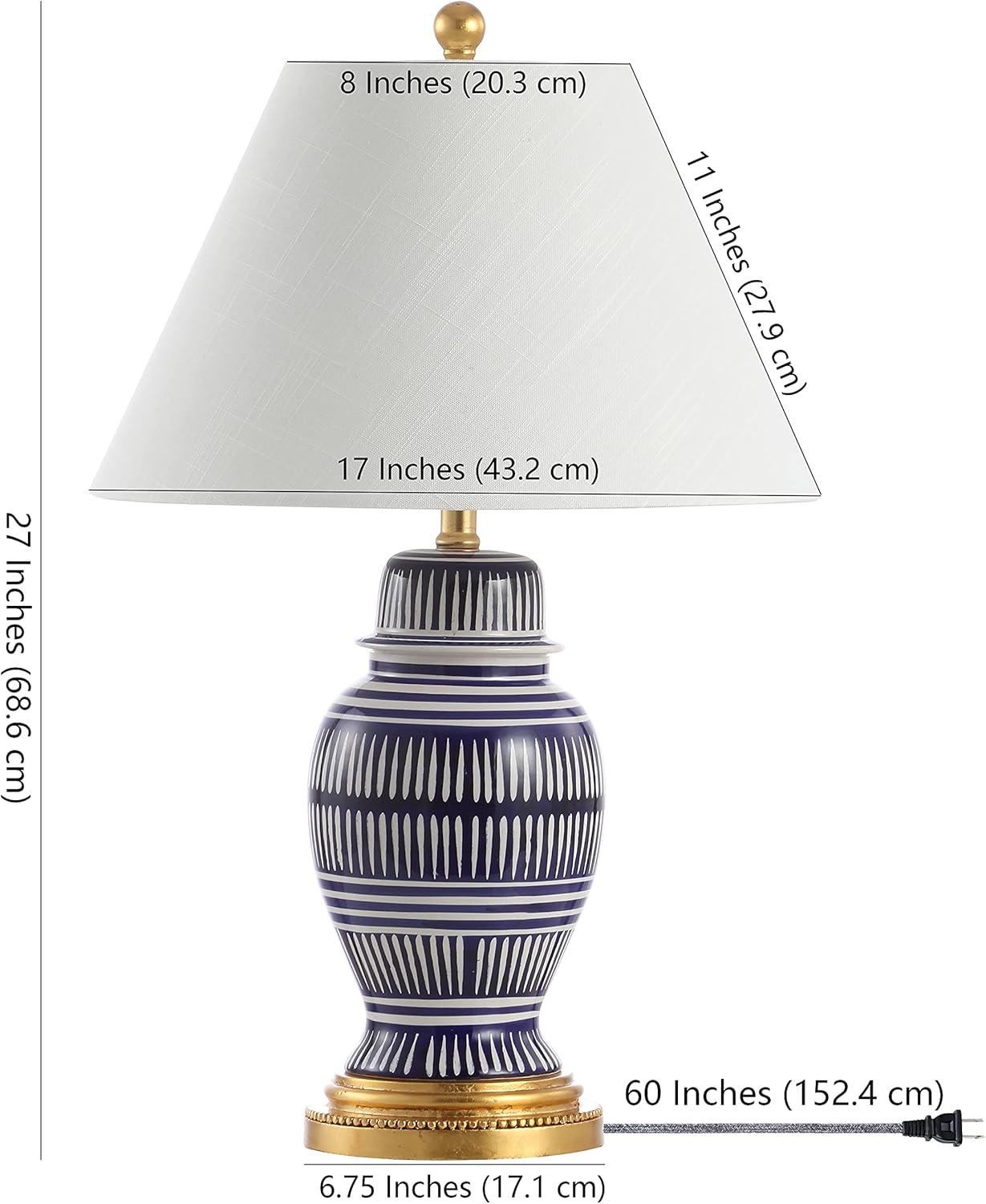 image:imageJONATHAN Y 27 NavyWhite Ceramic Modern Coastal Table Lamp Traditional Ginger Jar Design with Gold Leaf Accents and White Linen Empire Shade LED Bulb Included JYL6611A