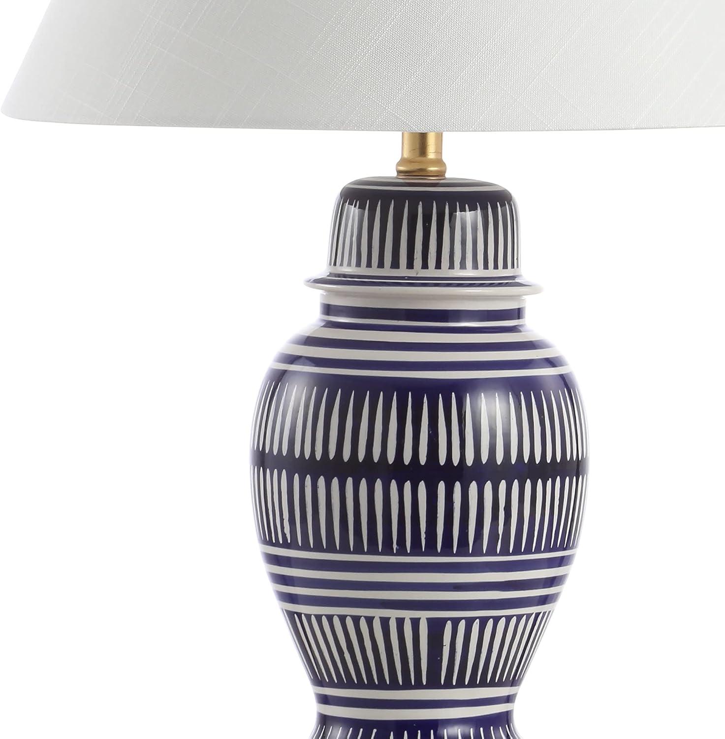 image:imageJONATHAN Y 27 NavyWhite Ceramic Modern Coastal Table Lamp Traditional Ginger Jar Design with Gold Leaf Accents and White Linen Empire Shade LED Bulb Included JYL6611A