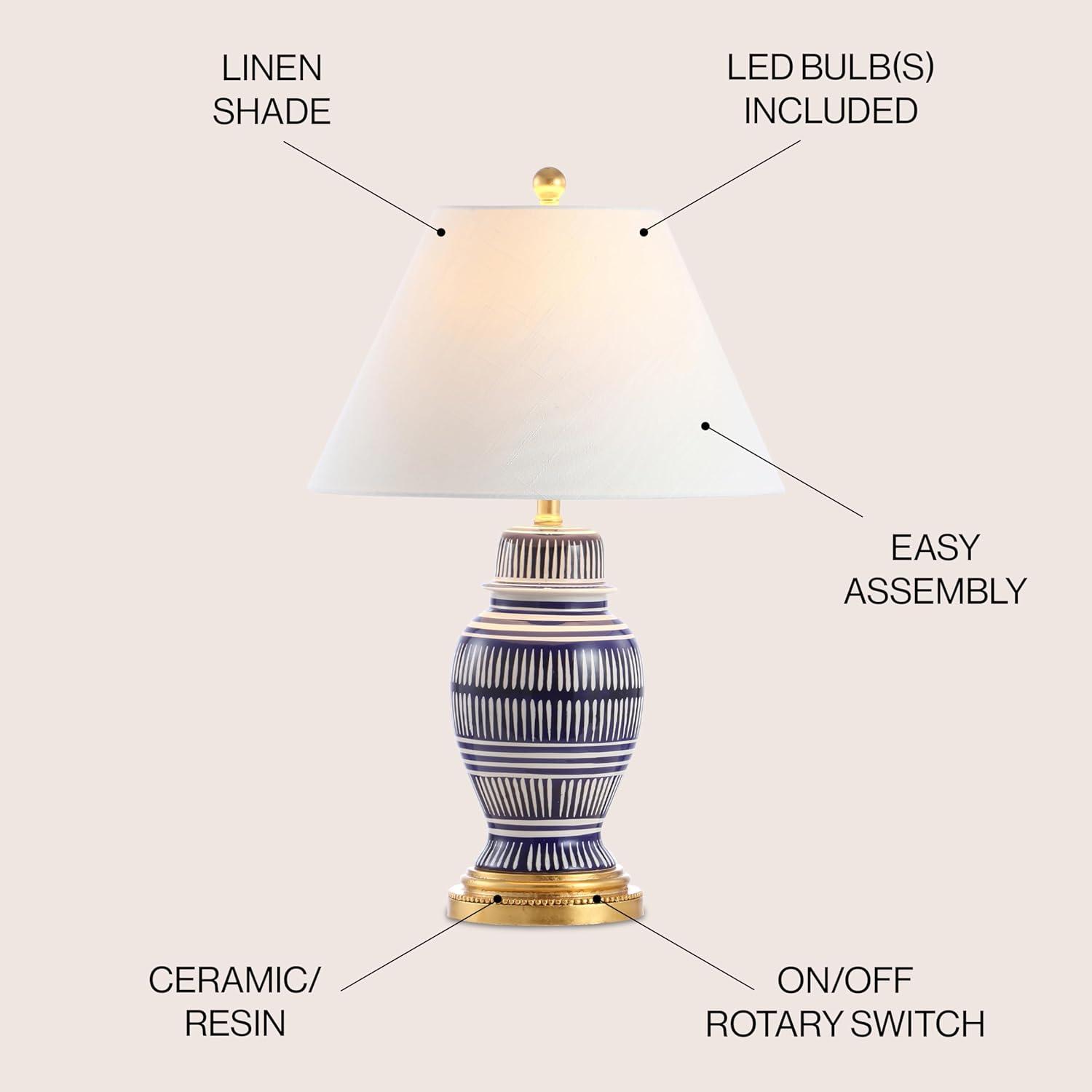 image:imageJONATHAN Y 27 NavyWhite Ceramic Modern Coastal Table Lamp Traditional Ginger Jar Design with Gold Leaf Accents and White Linen Empire Shade LED Bulb Included JYL6611A