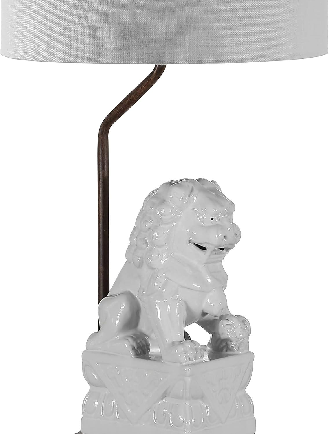 image:imageJONATHAN Y 275 White Guardian Lion Ceramic Table Lamp Classic Chinoiserie Hollywood Regency Nightstand Lamp with White Linen Shade for Living Room LED Bulb Included JYL4038A