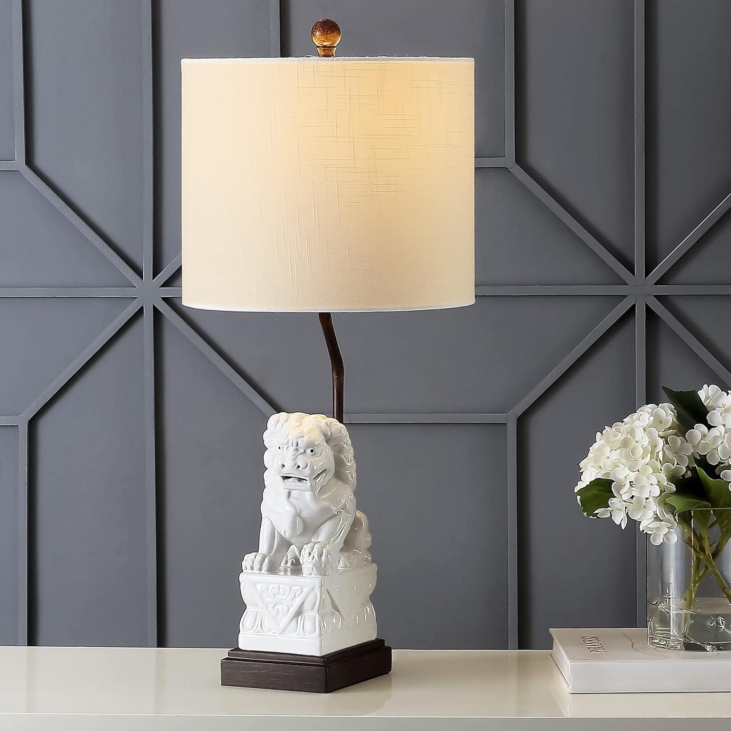 image:imageJONATHAN Y 275 White Guardian Lion Ceramic Table Lamp Classic Chinoiserie Hollywood Regency Nightstand Lamp with White Linen Shade for Living Room LED Bulb Included JYL4038A