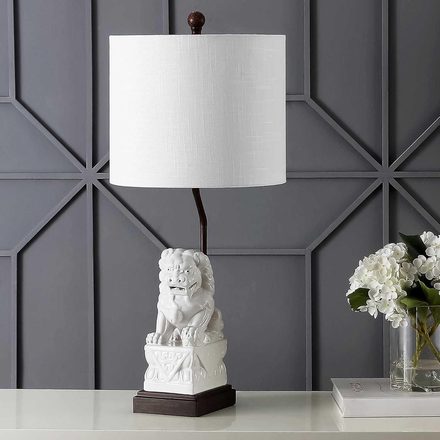 image:imageJONATHAN Y 275 White Guardian Lion Ceramic Table Lamp Classic Chinoiserie Hollywood Regency Nightstand Lamp with White Linen Shade for Living Room LED Bulb Included JYL4038A