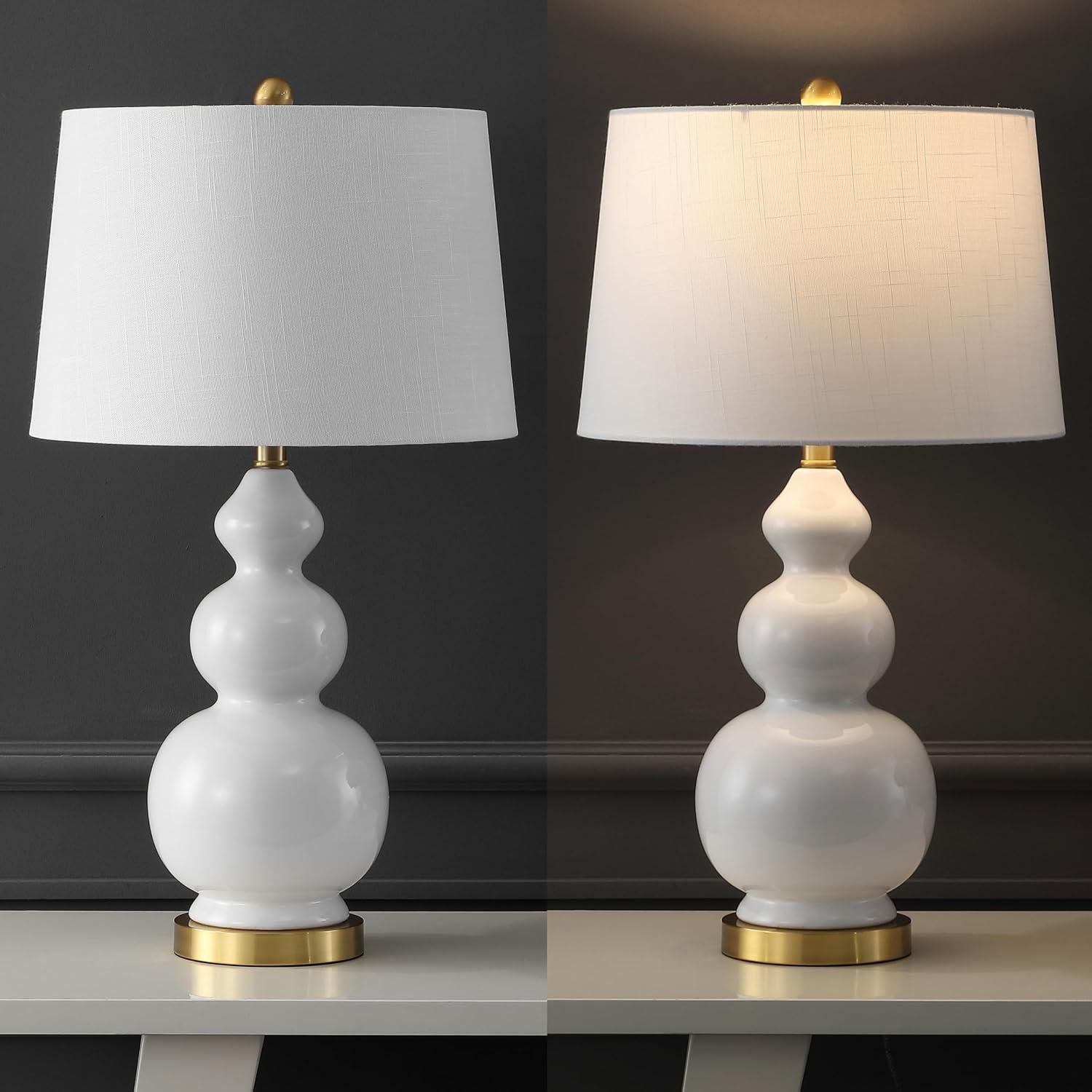 image:imageJONATHAN Y 275 WhiteBrass Gold Modern Ceramic Gourd Table Lamp for Living Room Large Bedside Nightstand Lamp for Bedroom White Linen Drum Shade LED Bulb Included JYL4023DWhite