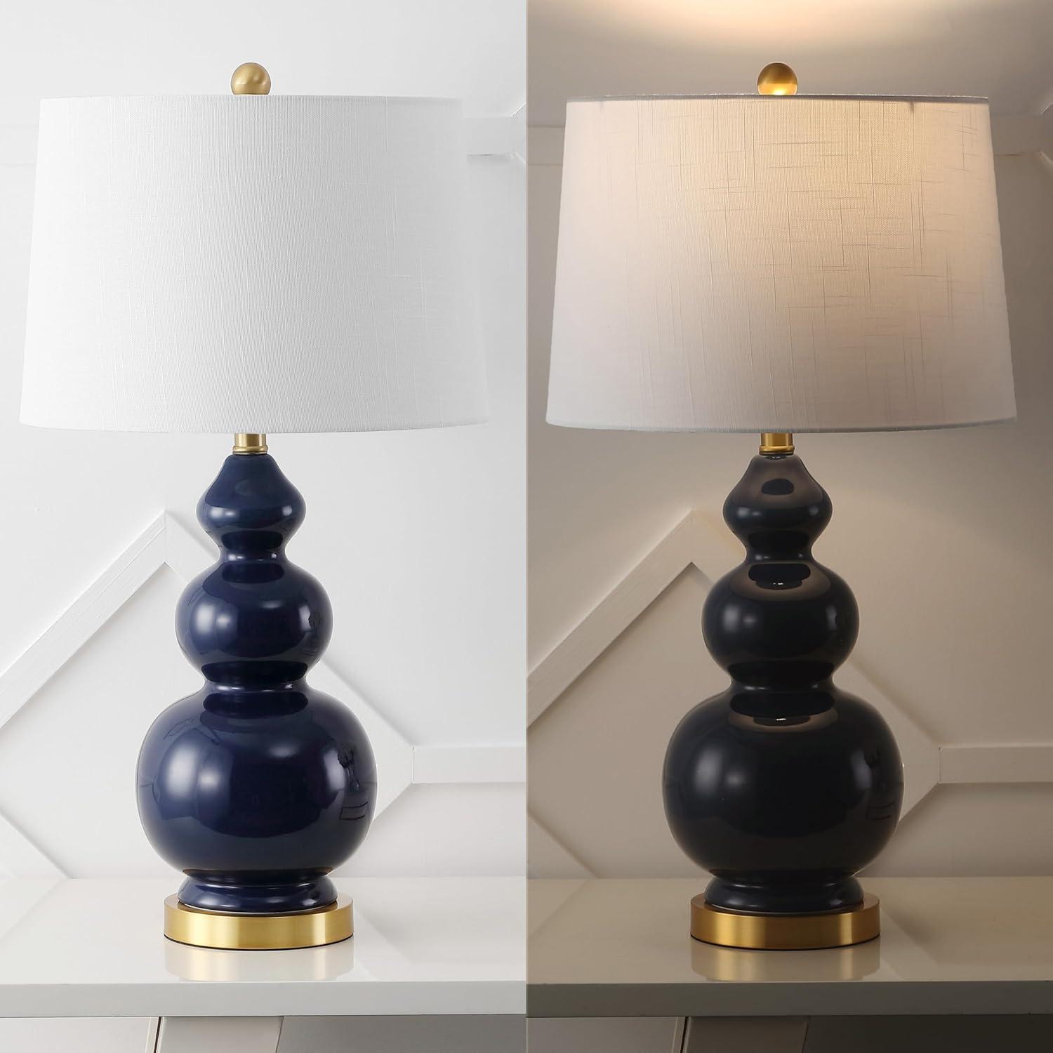 image:imageJONATHAN Y 275 WhiteBrass Gold Modern Ceramic Gourd Table Lamp for Living Room Large Bedside Nightstand Lamp for Bedroom White Linen Drum Shade LED Bulb Included JYL4023DNavy