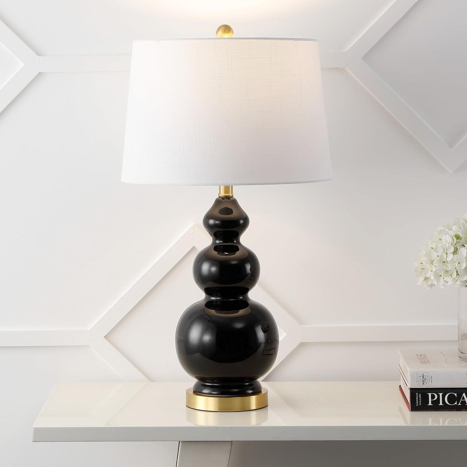 image:imageJONATHAN Y 275 WhiteBrass Gold Modern Ceramic Gourd Table Lamp for Living Room Large Bedside Nightstand Lamp for Bedroom White Linen Drum Shade LED Bulb Included JYL4023DBlack