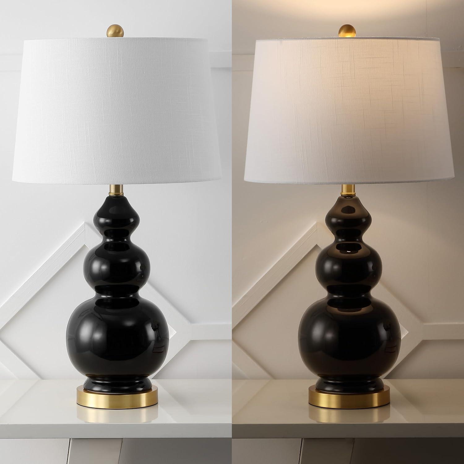 image:imageJONATHAN Y 275 WhiteBrass Gold Modern Ceramic Gourd Table Lamp for Living Room Large Bedside Nightstand Lamp for Bedroom White Linen Drum Shade LED Bulb Included JYL4023DBlack