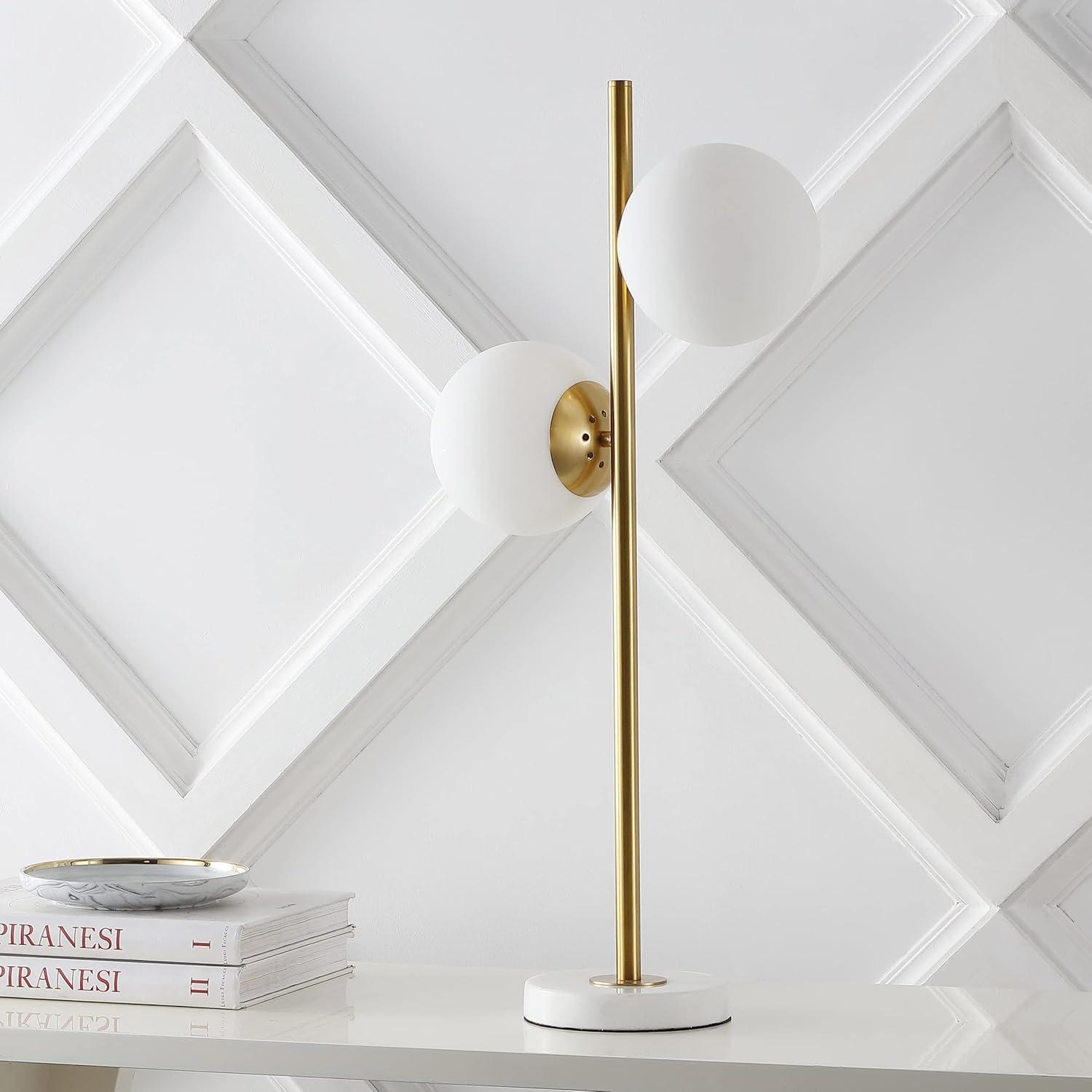 image:imageJONATHAN Y 28 Brass Gold 2Light Art Deco LED Table Lamp Coastal Vintage Iron Lamp with White Marble Base and Frosted Glass Globe Shades LED Bulbs Included JYL1107A