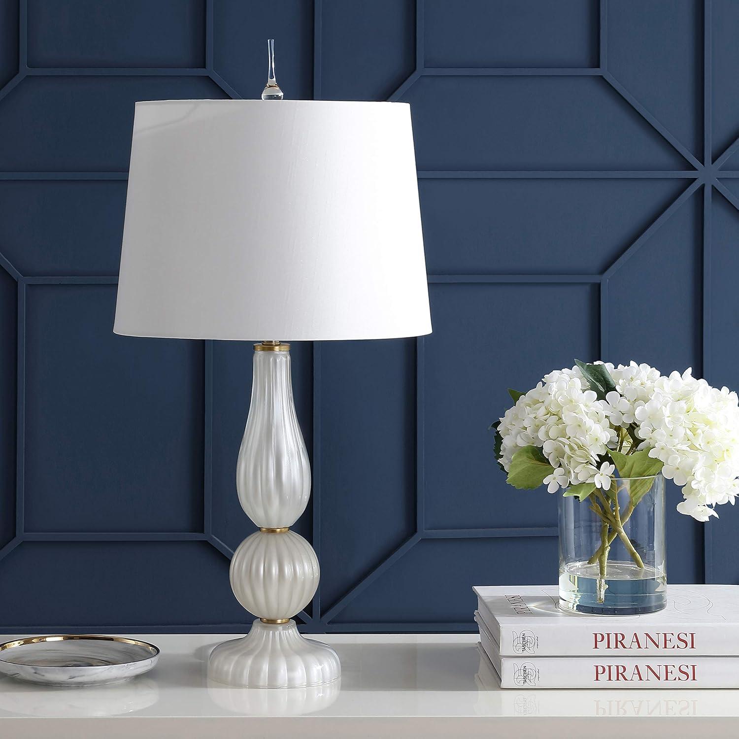 image:imageJONATHAN Y 28 Navy Modern Glass Table Lamp for Bedroom Living Room Decor White Faux Silk Shade Fluted Gourd Glam Design Brass Accents LED Bulb Included JYL2072BWhite Pearl