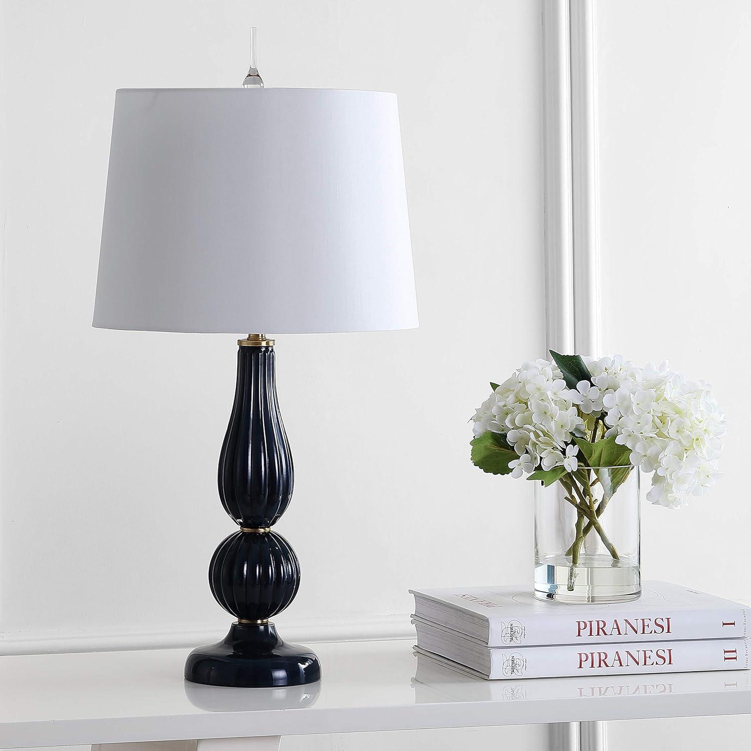 image:imageJONATHAN Y 28 Navy Modern Glass Table Lamp for Bedroom Living Room Decor White Faux Silk Shade Fluted Gourd Glam Design Brass Accents LED Bulb Included JYL2072BNavy