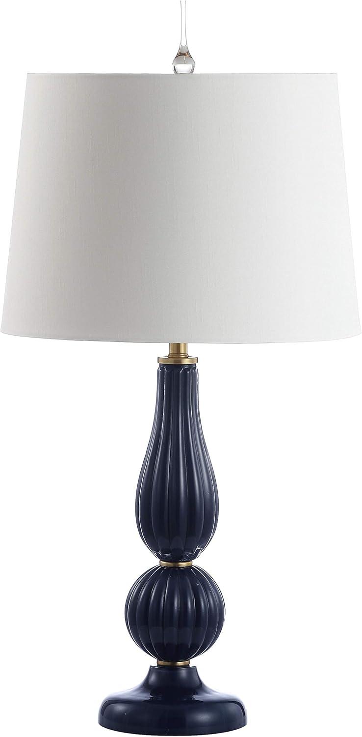 image:imageJONATHAN Y 28 Navy Modern Glass Table Lamp for Bedroom Living Room Decor White Faux Silk Shade Fluted Gourd Glam Design Brass Accents LED Bulb Included JYL2072BNavy