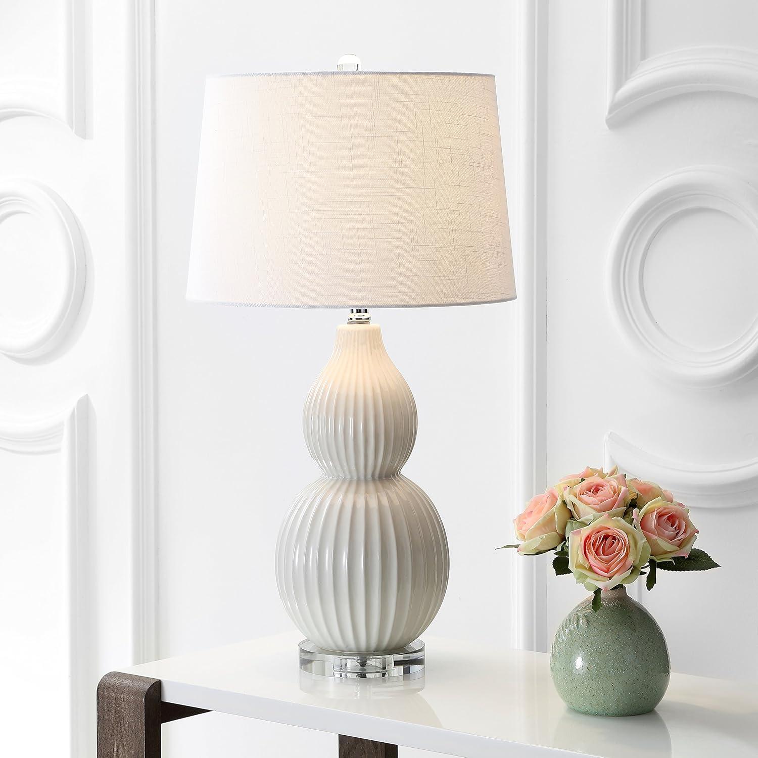 image:imageJONATHAN Y 2825 Light Olive Ceramic Table Lamp Modern Fluted Gourd Bedside Lamp for Living Room Bedroom White Linen Shade LED Bulb Included UL Listed JYL8019CCream