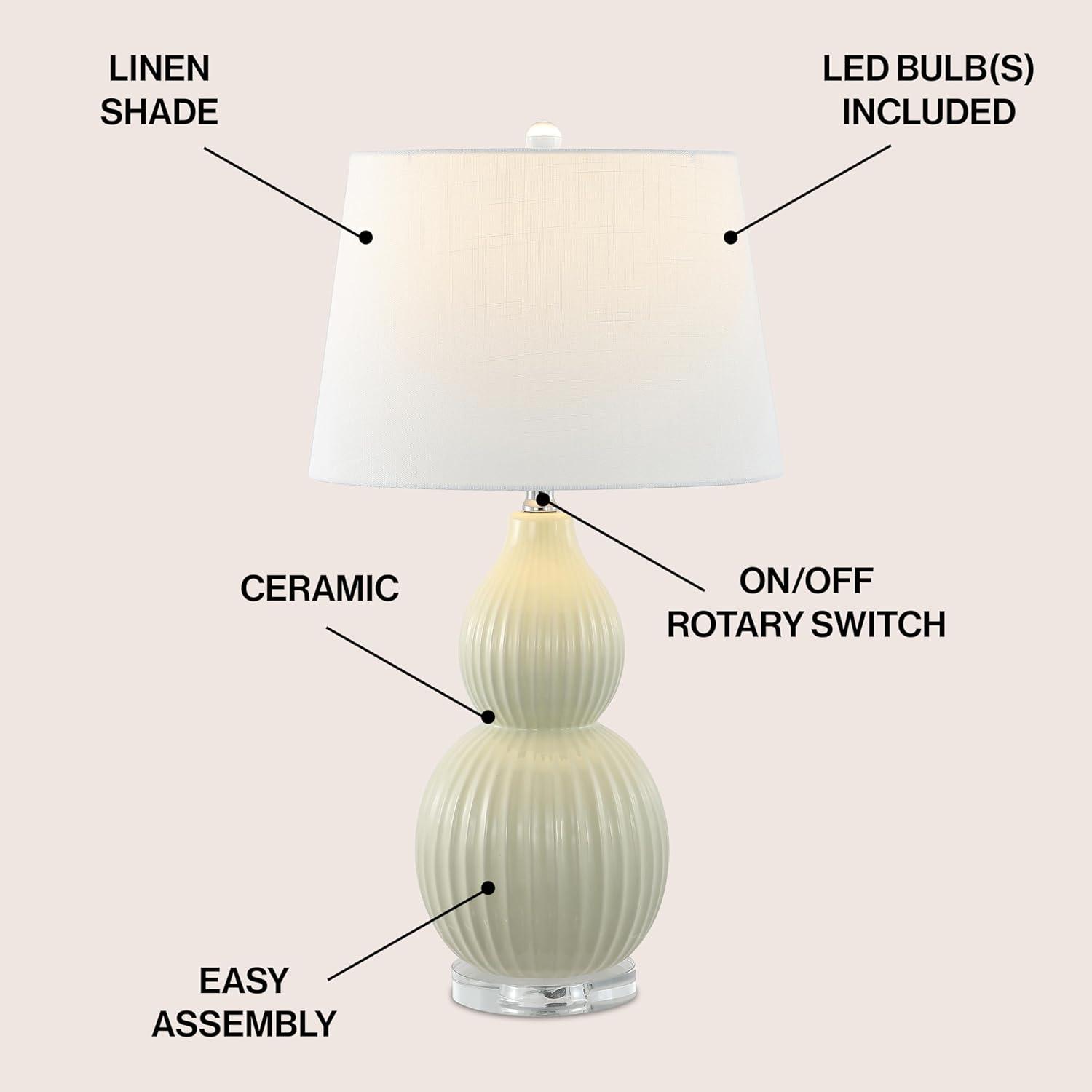 image:imageJONATHAN Y 2825 Light Olive Ceramic Table Lamp Modern Fluted Gourd Bedside Lamp for Living Room Bedroom White Linen Shade LED Bulb Included UL Listed JYL8019CLight Olive