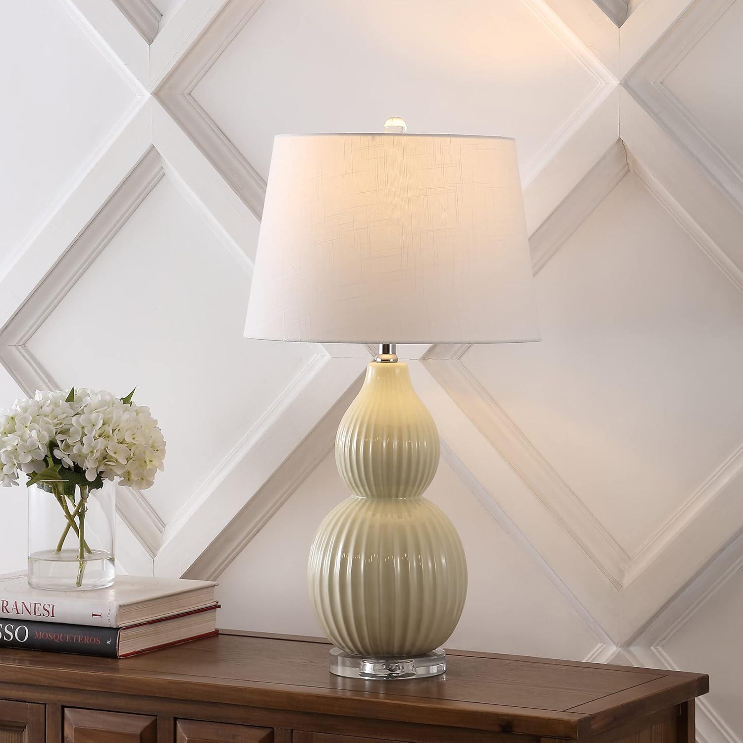 image:imageJONATHAN Y 2825 Light Olive Ceramic Table Lamp Modern Fluted Gourd Bedside Lamp for Living Room Bedroom White Linen Shade LED Bulb Included UL Listed JYL8019CLight Olive