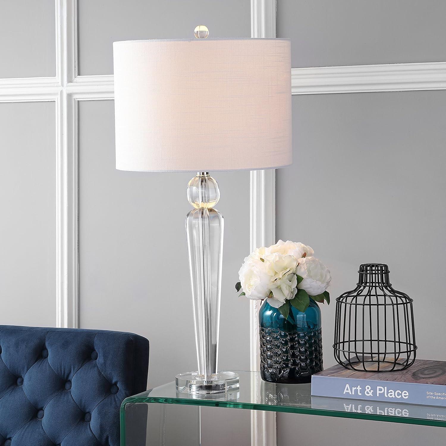 image:imageJONATHAN Y 285 Clear Crystal Table Lamp Modern Glam Column Lamp with White Linen Drum Shade for Living Room Bedroom Nightstand Chrome Finish LED Bulb Included JYL5018A