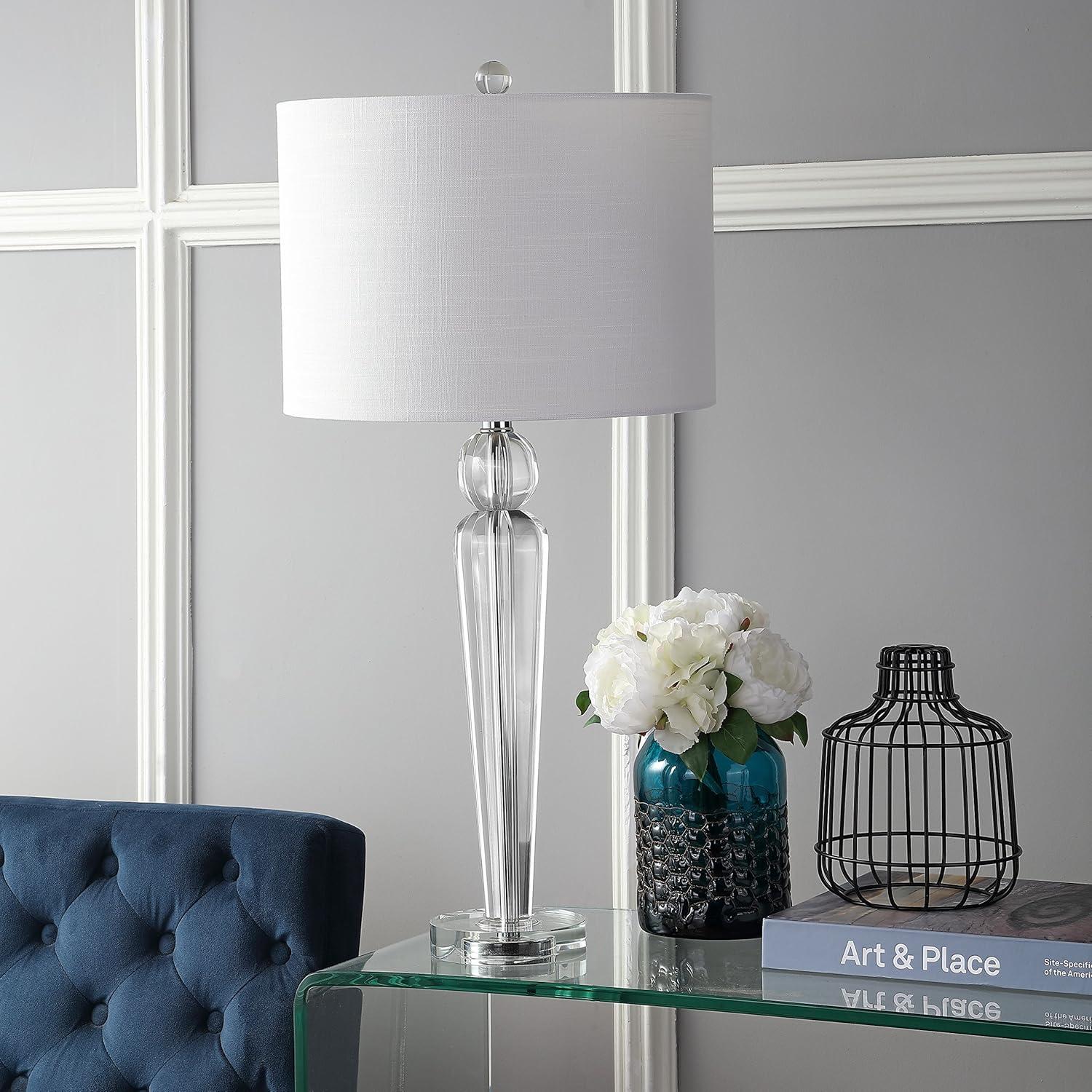 image:imageJONATHAN Y 285 Clear Crystal Table Lamp Modern Glam Column Lamp with White Linen Drum Shade for Living Room Bedroom Nightstand Chrome Finish LED Bulb Included JYL5018A