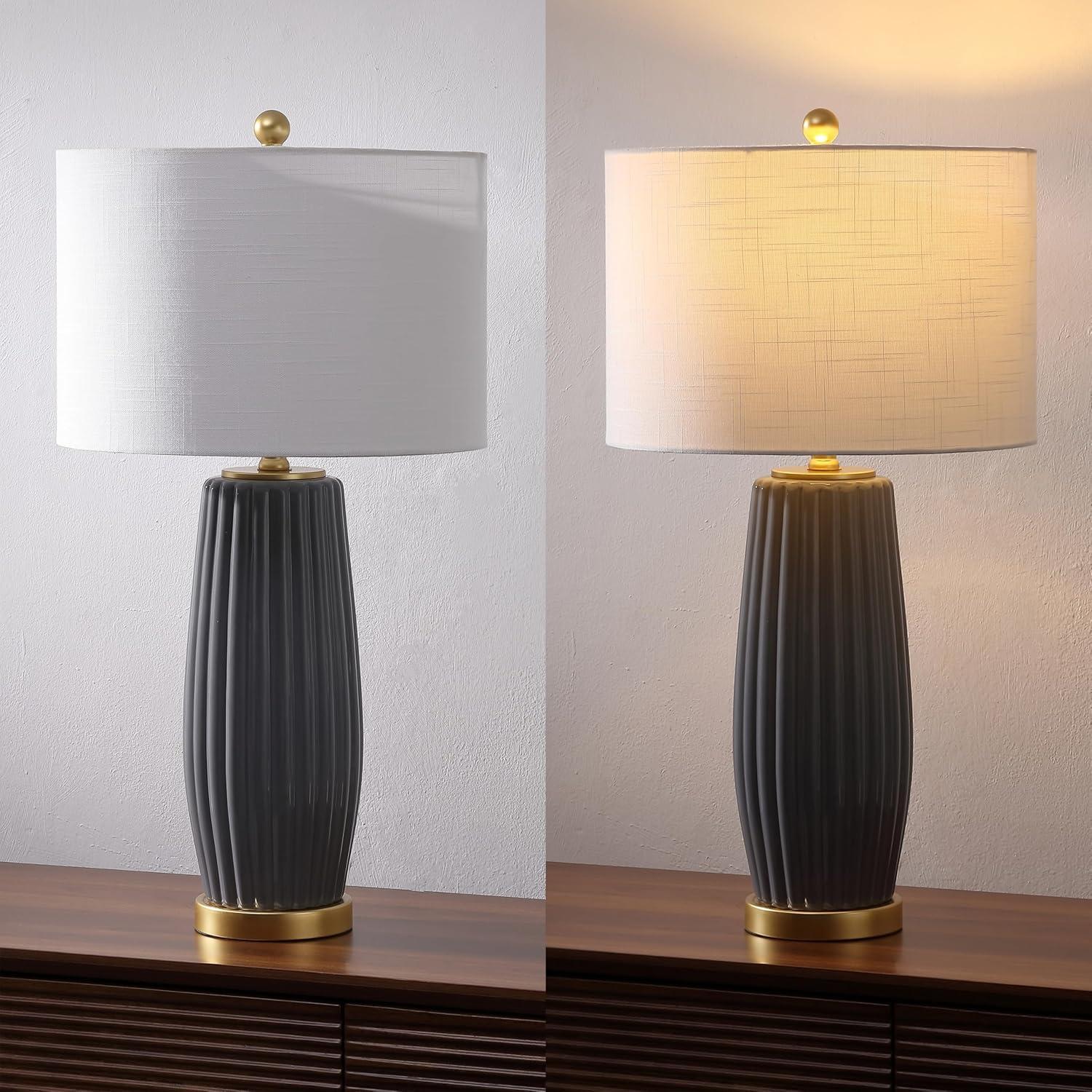 image:imageJONATHAN Y 285 Navy Blue Modern Ceramic Table Lamp for Living Room Bedroom Fluted Bedside Nightstand Lamp with White Linen Shade Gold Base LED Bulb Included JYL5045AGray