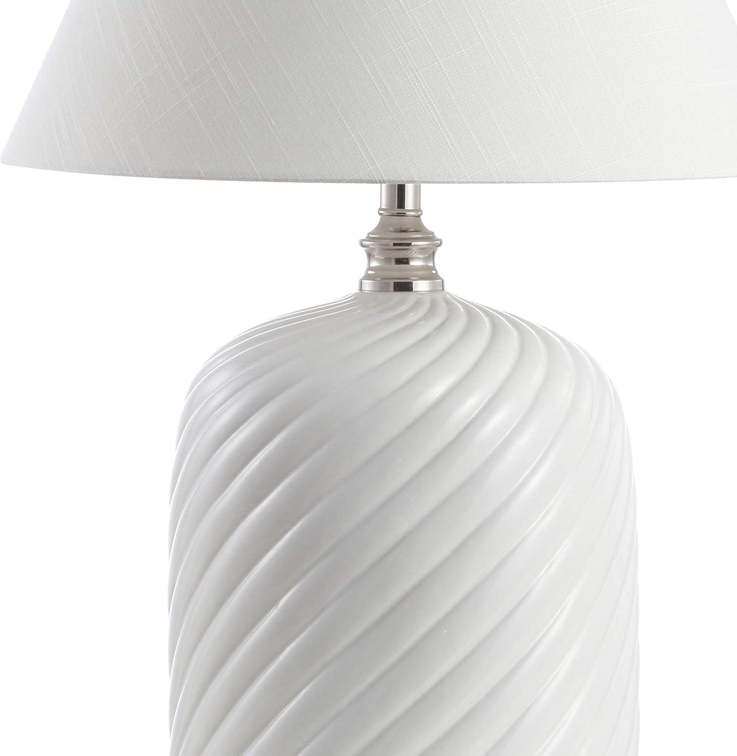 image:imageJONATHAN Y 285 White Ceramic Serge Swirl Table Lamp Bohemian Glam Bedside Lamp for Living Room Bedroom White Linen Empire Shade UL Listed LED Bulb Included JYL6616A