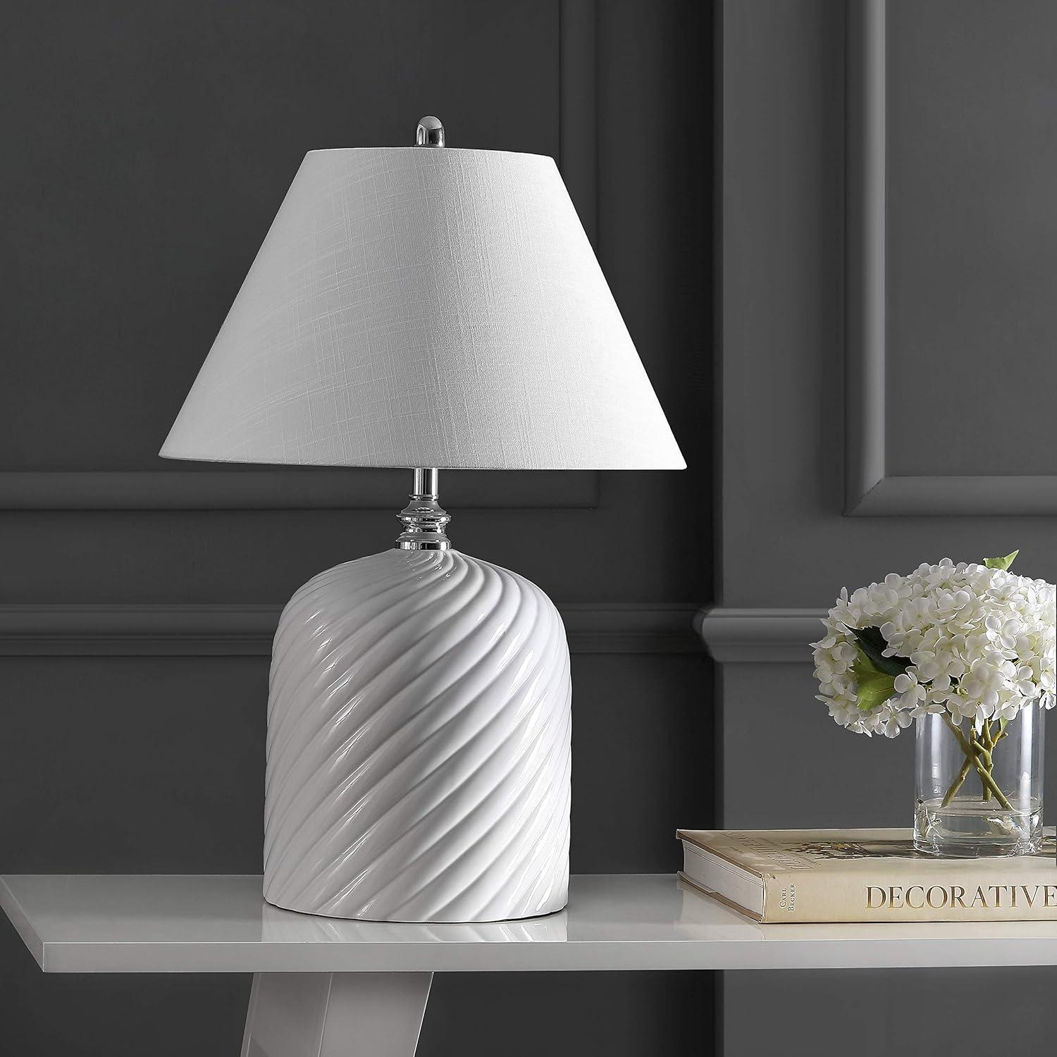 image:imageJONATHAN Y 285 White Ceramic Serge Swirl Table Lamp Bohemian Glam Bedside Lamp for Living Room Bedroom White Linen Empire Shade UL Listed LED Bulb Included JYL6616A