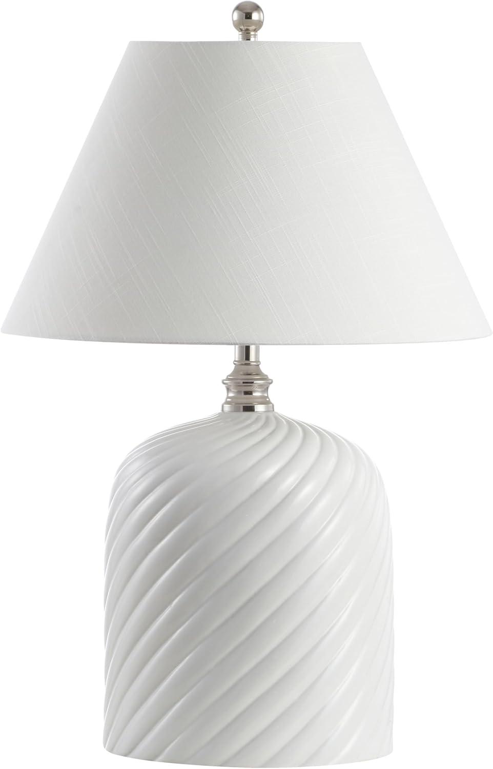 image:imageJONATHAN Y 285 White Ceramic Serge Swirl Table Lamp Bohemian Glam Bedside Lamp for Living Room Bedroom White Linen Empire Shade UL Listed LED Bulb Included JYL6616A