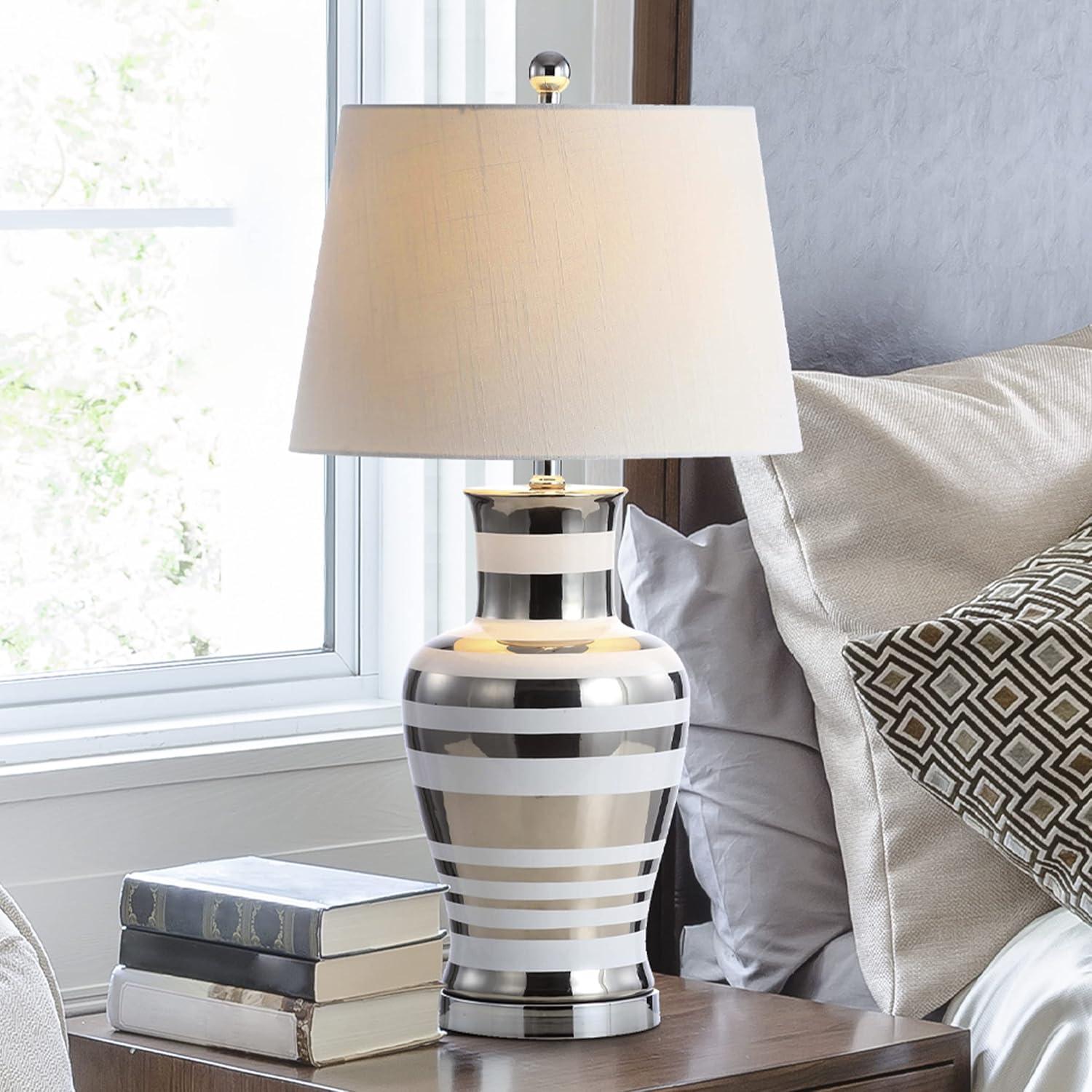 image:imageJONATHAN Y 2875 SilverWhite Striped Ceramic Modern LED Table Lamp Glam Hollywood Regency Bedside Lamp for Living Room Bedroom White Linen Shade LED Bulb Included JYL6603A