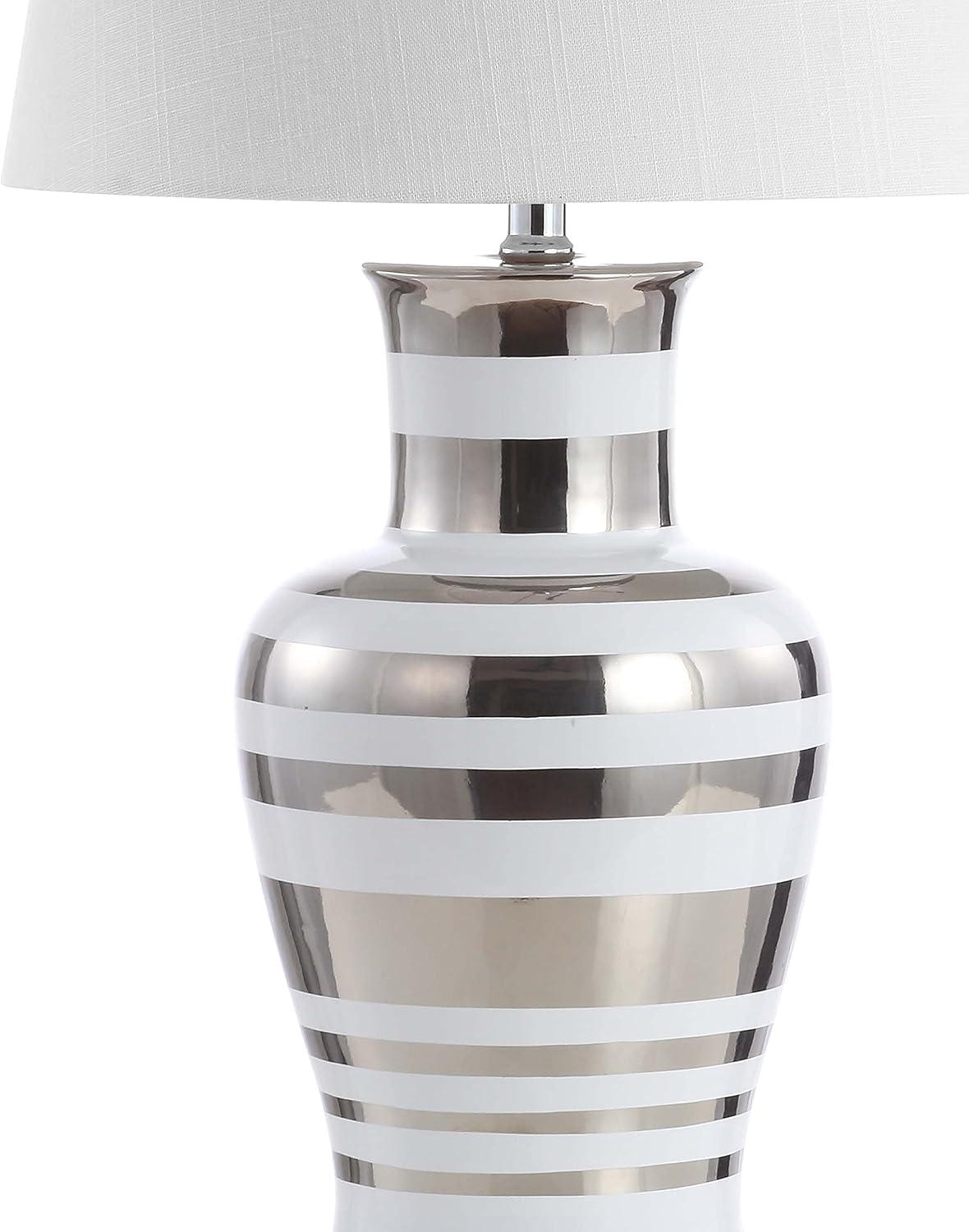 image:imageJONATHAN Y 2875 SilverWhite Striped Ceramic Modern LED Table Lamp Glam Hollywood Regency Bedside Lamp for Living Room Bedroom White Linen Shade LED Bulb Included JYL6603A