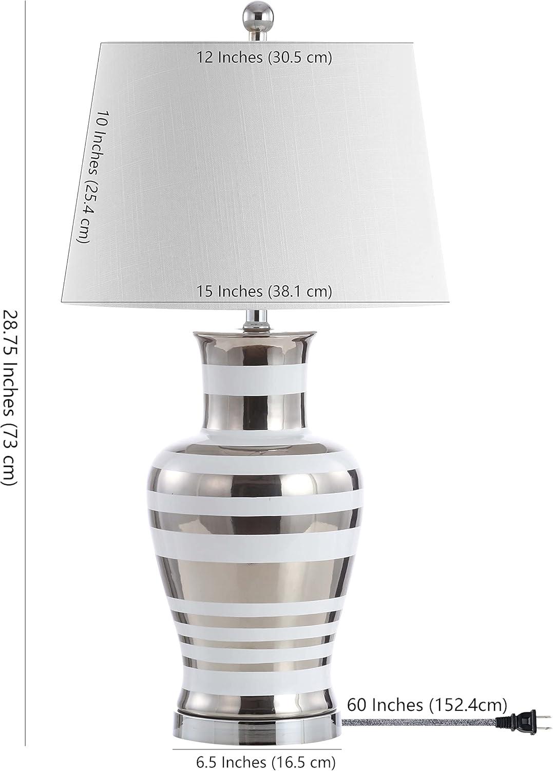 image:imageJONATHAN Y 2875 SilverWhite Striped Ceramic Modern LED Table Lamp Glam Hollywood Regency Bedside Lamp for Living Room Bedroom White Linen Shade LED Bulb Included JYL6603A