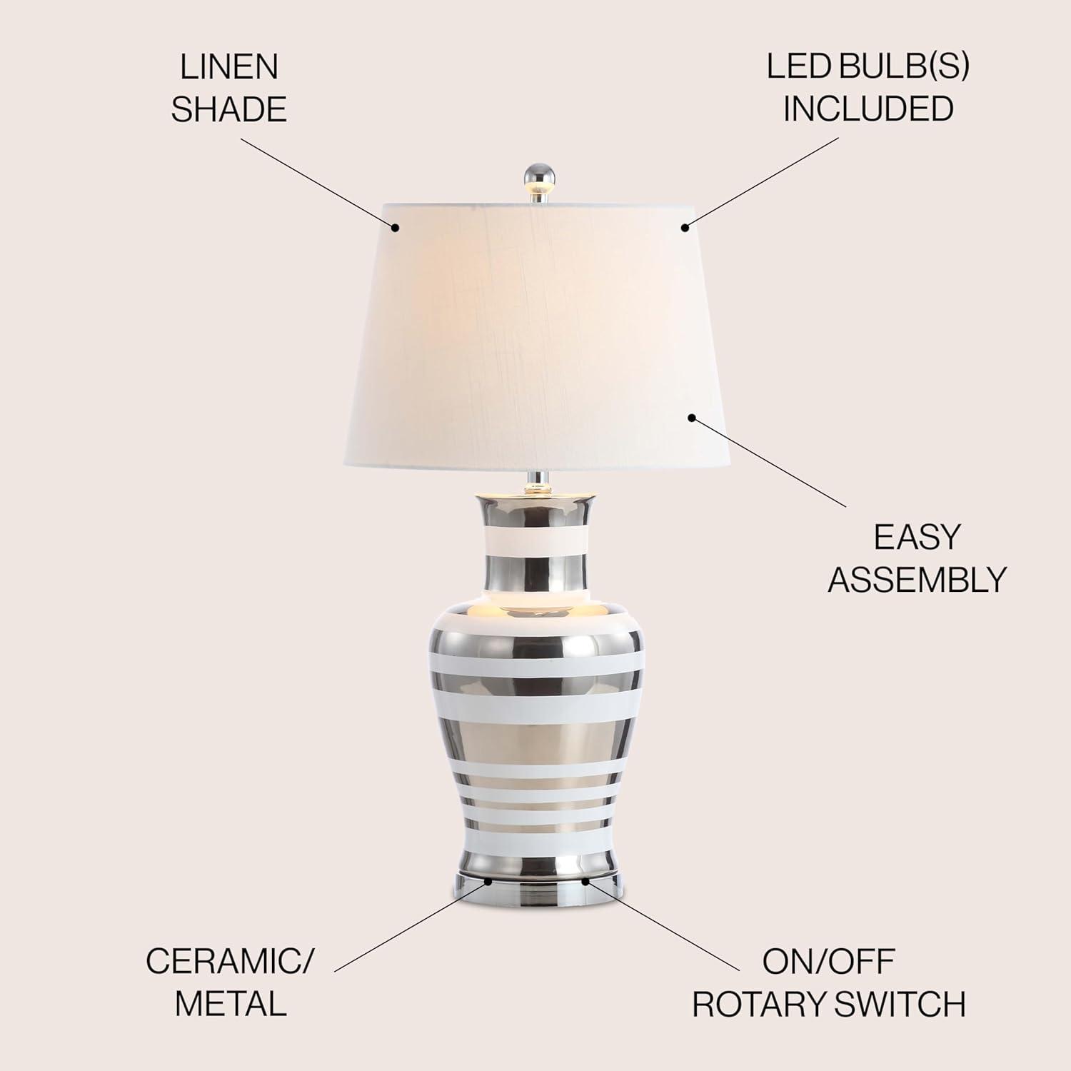 image:imageJONATHAN Y 2875 SilverWhite Striped Ceramic Modern LED Table Lamp Glam Hollywood Regency Bedside Lamp for Living Room Bedroom White Linen Shade LED Bulb Included JYL6603A