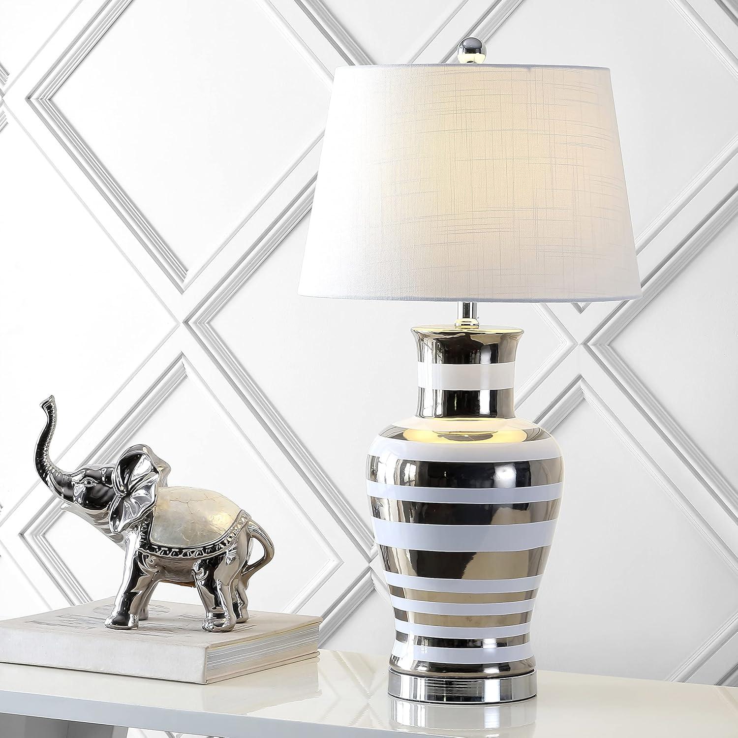 image:imageJONATHAN Y 2875 SilverWhite Striped Ceramic Modern LED Table Lamp Glam Hollywood Regency Bedside Lamp for Living Room Bedroom White Linen Shade LED Bulb Included JYL6603A