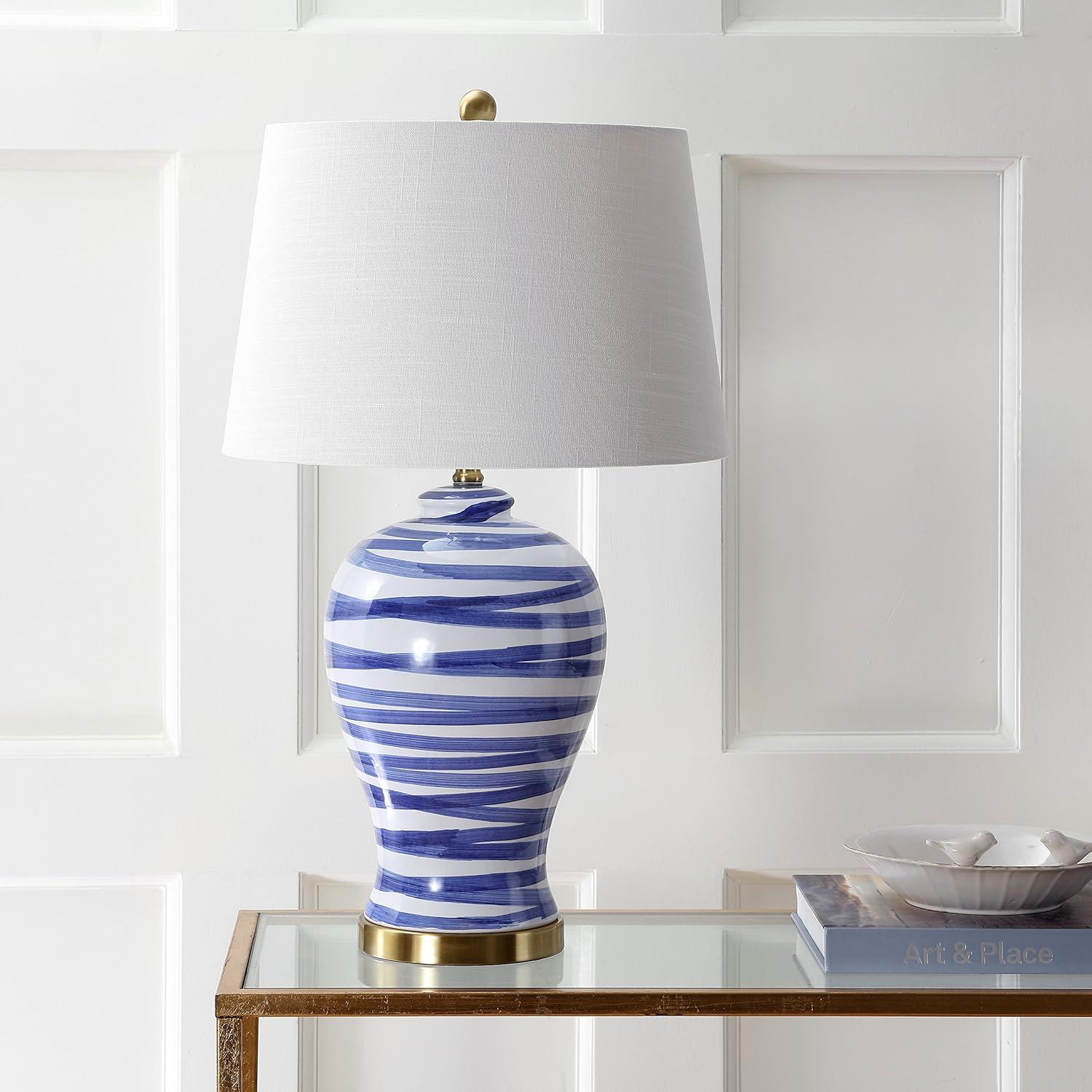 image:imageJONATHAN Y 29 BrownWhite Ceramic Table Lamp for Living Room Bedroom Office Modern Coastal Bedside Lamp with White Linen Shade Traditional Nightstand Lamp LED Bulb JYL3016BBlueWhite