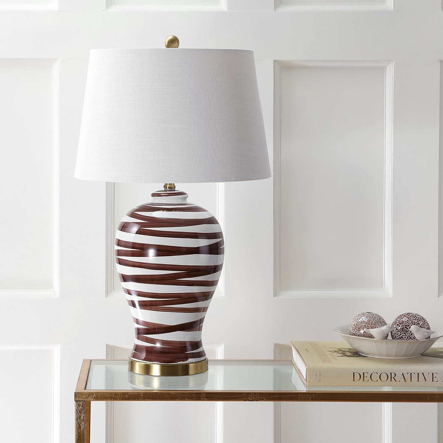 image:imageJONATHAN Y 29 BrownWhite Ceramic Table Lamp for Living Room Bedroom Office Modern Coastal Bedside Lamp with White Linen Shade Traditional Nightstand Lamp LED Bulb JYL3016BBrownWhite