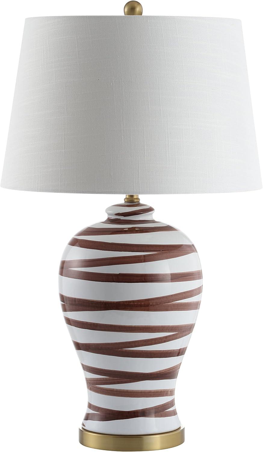 image:imageJONATHAN Y 29 BrownWhite Ceramic Table Lamp for Living Room Bedroom Office Modern Coastal Bedside Lamp with White Linen Shade Traditional Nightstand Lamp LED Bulb JYL3016BBrownWhite