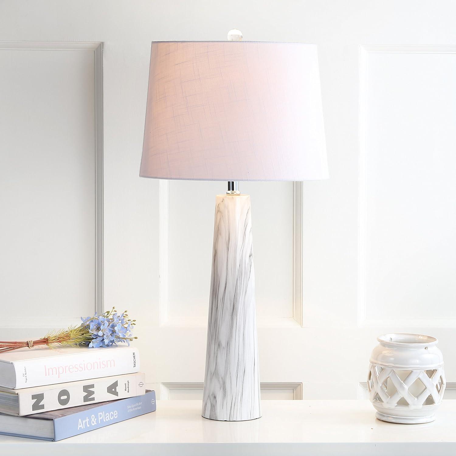image:imageJONATHAN Y 29 WhiteBlack Faux Marble Resin Table Lamp Modern Glam Bedside Nightstand Lamp for Living Room White Linen Drum Shade UL Listed LED Bulb Included JYL1002A