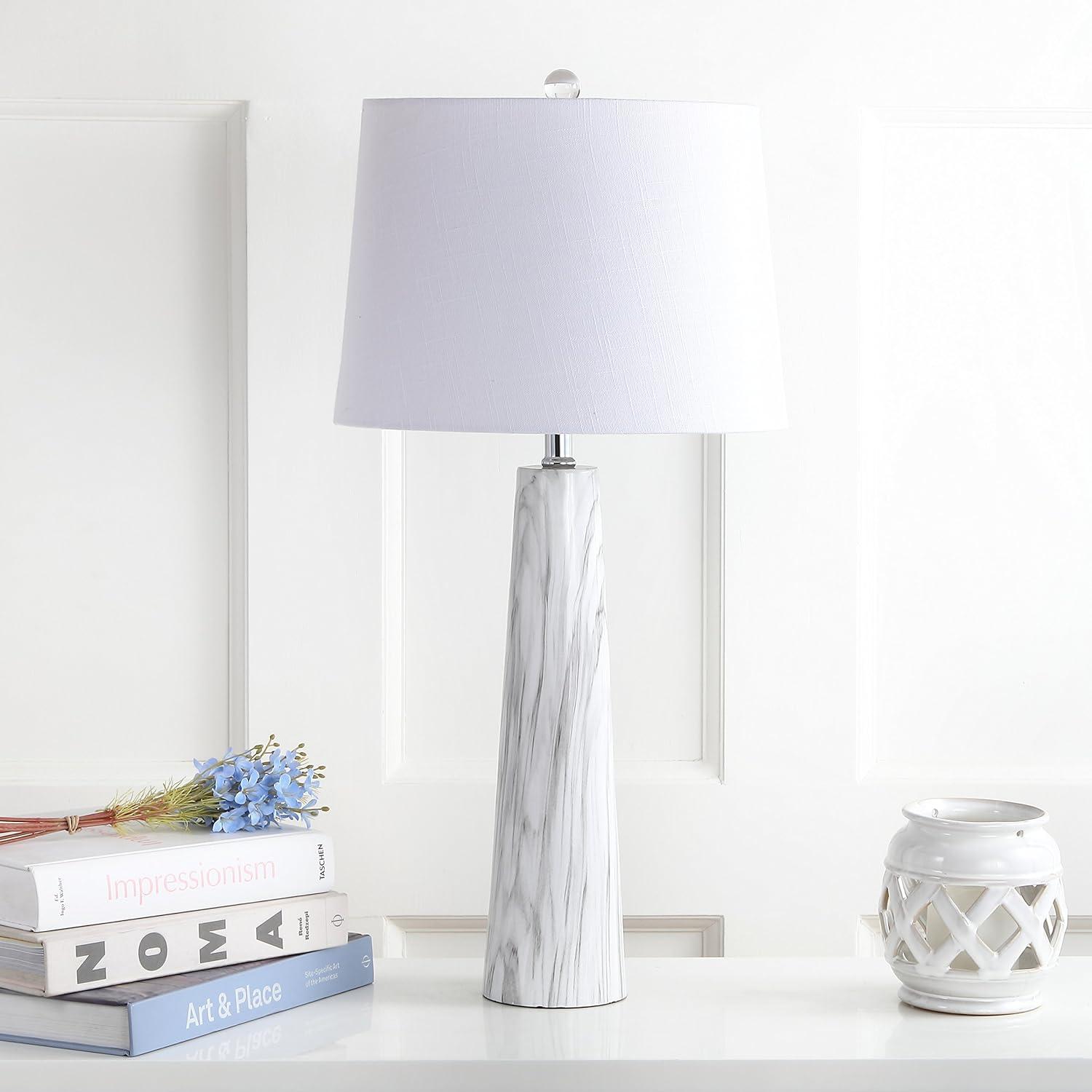 image:imageJONATHAN Y 29 WhiteBlack Faux Marble Resin Table Lamp Modern Glam Bedside Nightstand Lamp for Living Room White Linen Drum Shade UL Listed LED Bulb Included JYL1002A