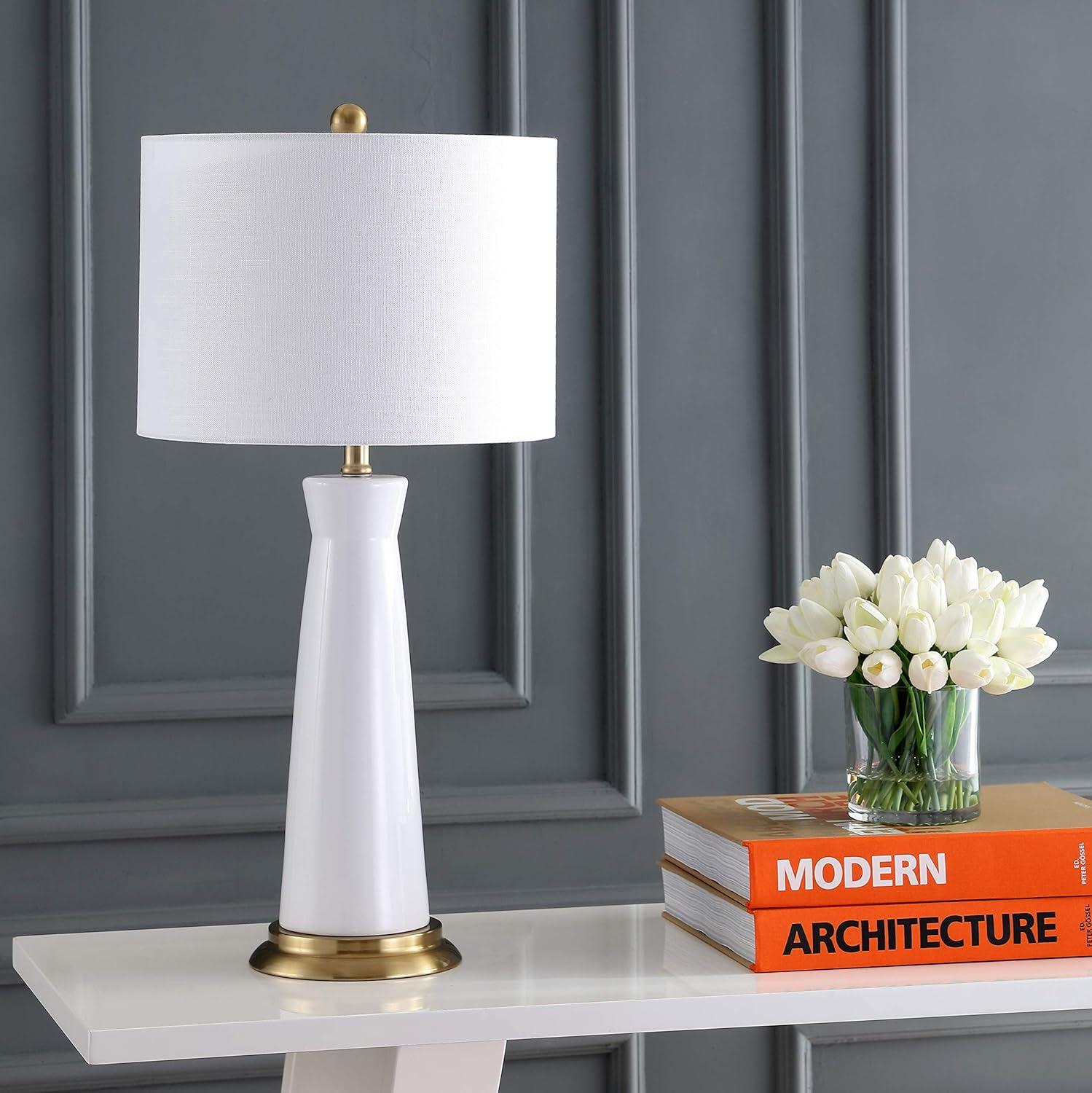 image:imageJONATHAN Y 29 WhiteBrass Gold Modern Ceramic Column Table Lamp with Brass Gold Base Elegant Bedside Lamp for Living Room Bedroom Nightstand White Linen Shade LED Bulb Included JYL3046BWhiteBrass Gold