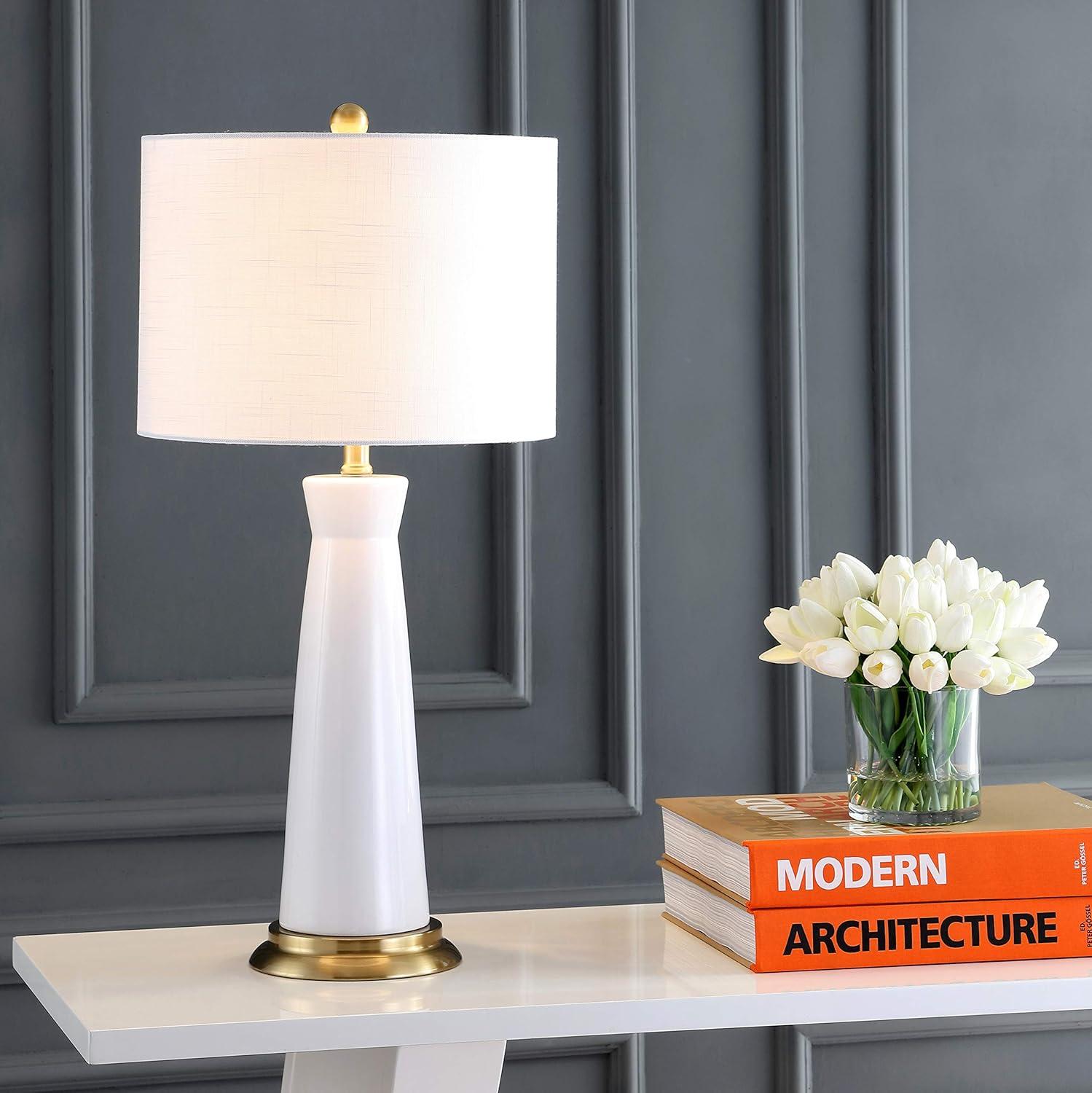 image:imageJONATHAN Y 29 WhiteBrass Gold Modern Ceramic Column Table Lamp with Brass Gold Base Elegant Bedside Lamp for Living Room Bedroom Nightstand White Linen Shade LED Bulb Included JYL3046BWhiteBrass Gold